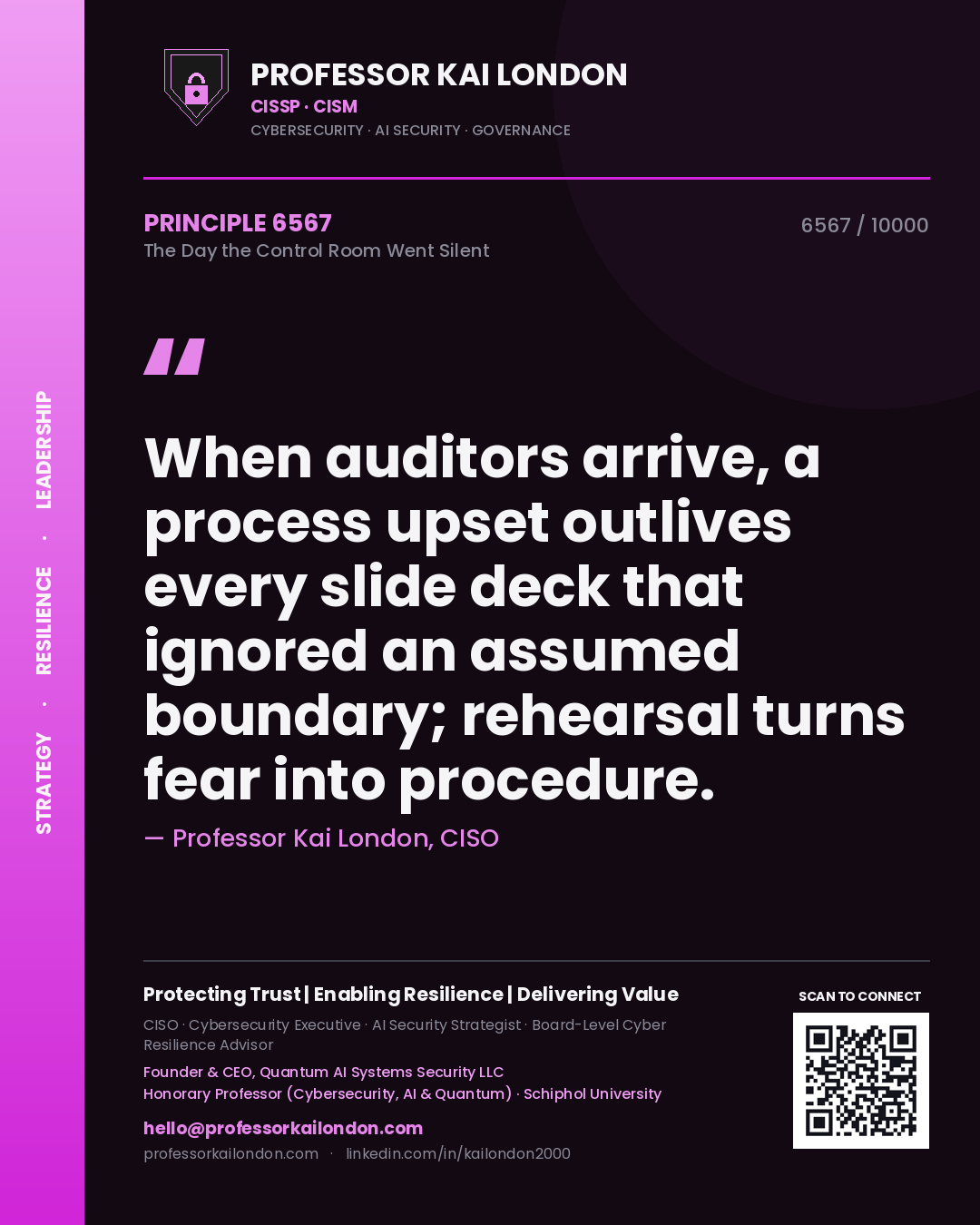Professor Kai London principle 6567: When auditors arrive, a process upset outlives every slide deck that ignored an assumed boundary; rehearsal turns fear into procedure.