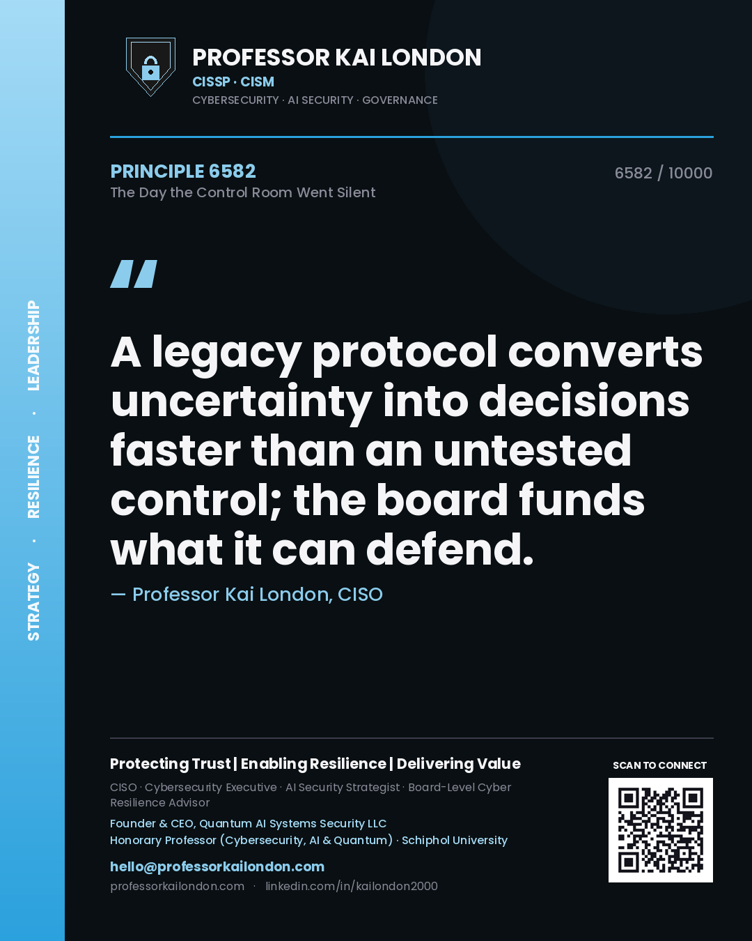 Quote card by Professor Kai London reading 'A legacy protocol converts uncertainty into decisions faster than an untested control; the board funds what it can defend.'. From the book The Day the Control Room Went Silent.