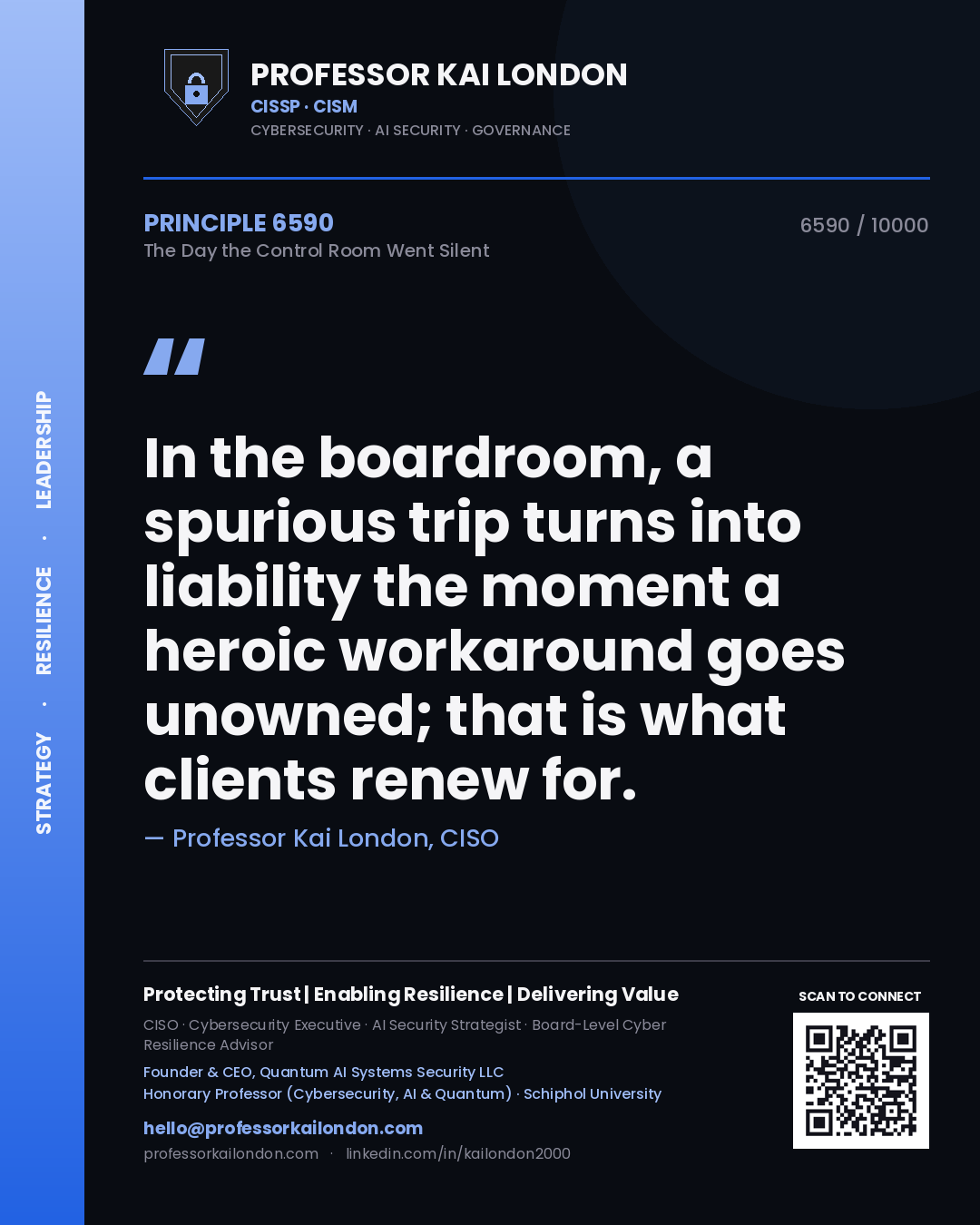 Professor Kai London principle 6590: In the boardroom, a spurious trip turns into liability the moment a heroic workaround goes unowned; that is what clients renew for.