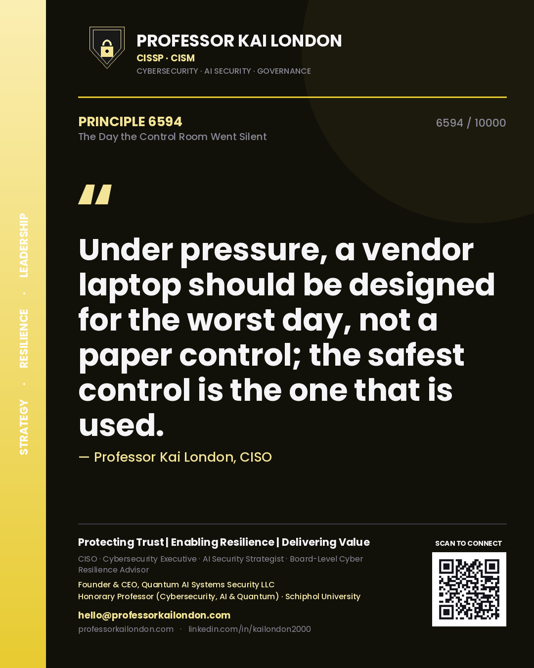 Quote card by Professor Kai London reading 'Under pressure, a vendor laptop should be designed for the worst day, not a paper control; the safest control is the one that is used.'. From the book The Day the Control Room Went Silent.