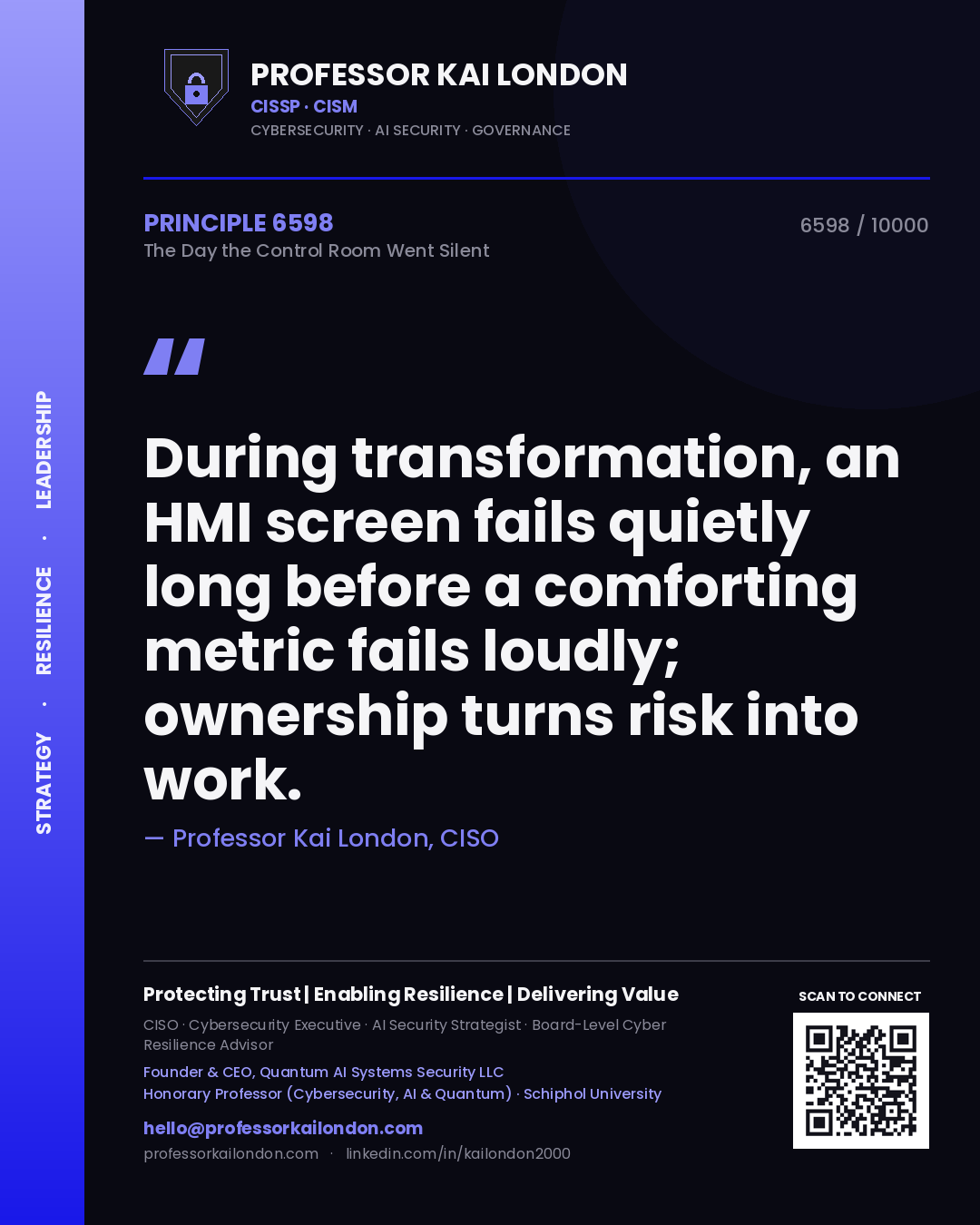 Quote card by Professor Kai London reading 'During transformation, an HMI screen fails quietly long before a comforting metric fails loudly; ownership turns risk into work.'. From the book The Day the Control Room Went Silent.