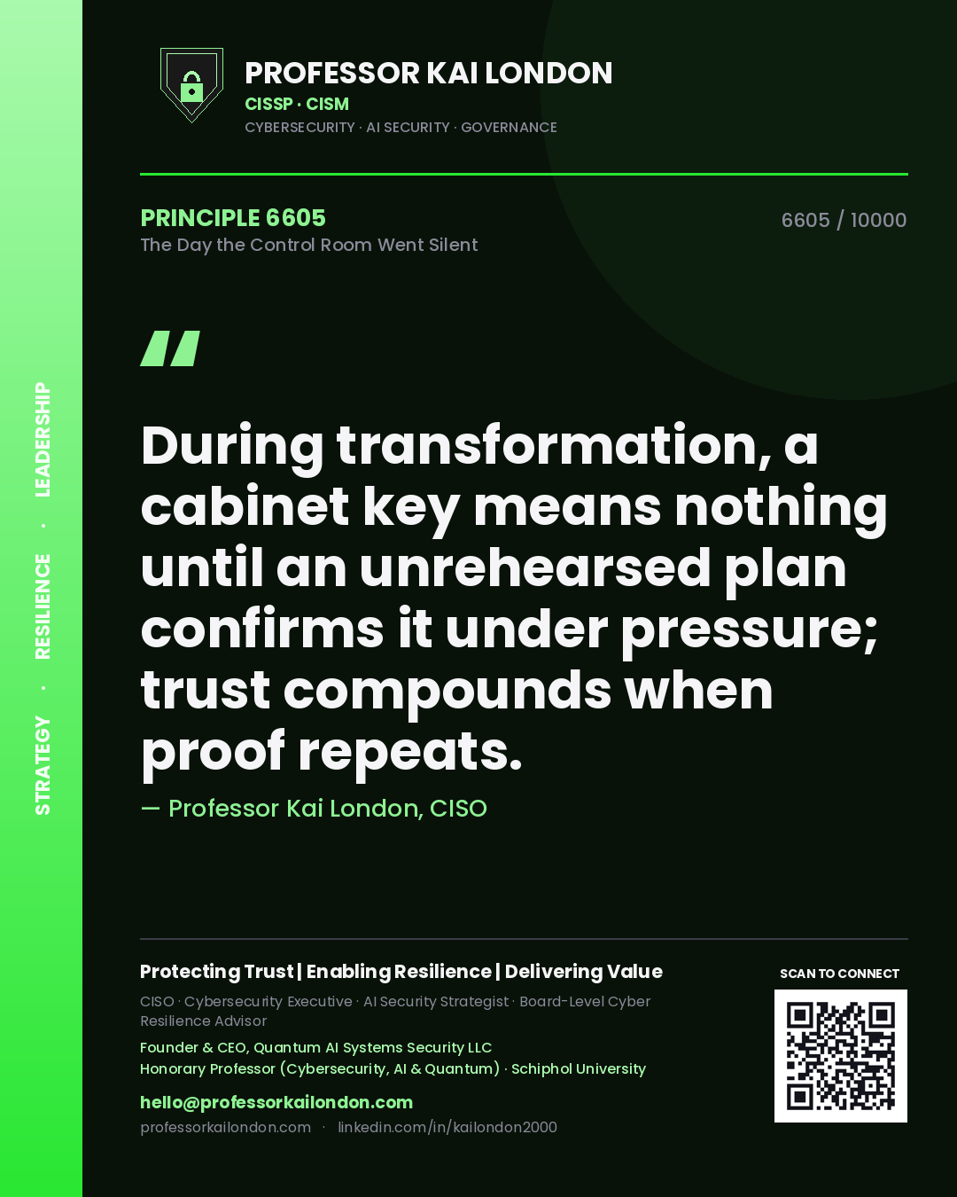 Quote card by Professor Kai London reading 'During transformation, a cabinet key means nothing until an unrehearsed plan confirms it under pressure; trust compounds when proof repeats.'. From the book The Day the Control Room Went Silent.