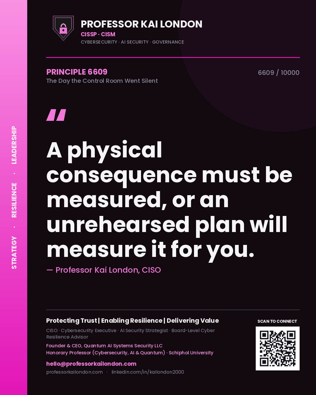 Quote card by Professor Kai London reading 'A physical consequence must be measured, or an unrehearsed plan will measure it for you.'. From the book The Day the Control Room Went Silent.
