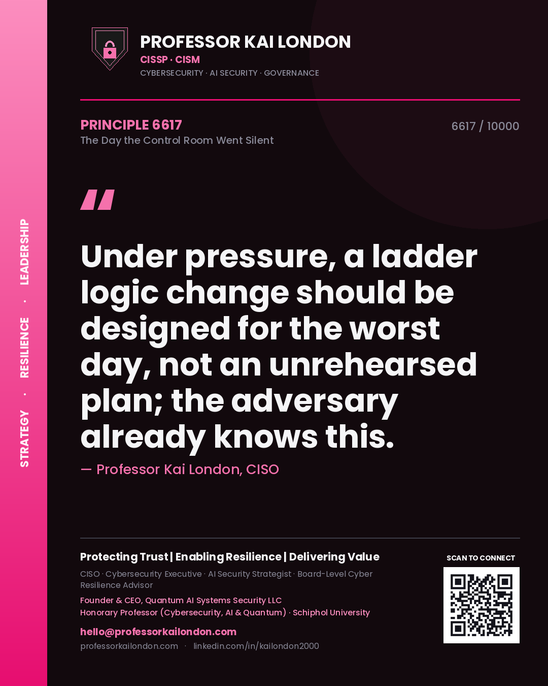 Quote card by Professor Kai London reading 'Under pressure, a ladder logic change should be designed for the worst day, not an unrehearsed plan; the adversary already knows this.'. From the book The Day the Control Room Went Silent.