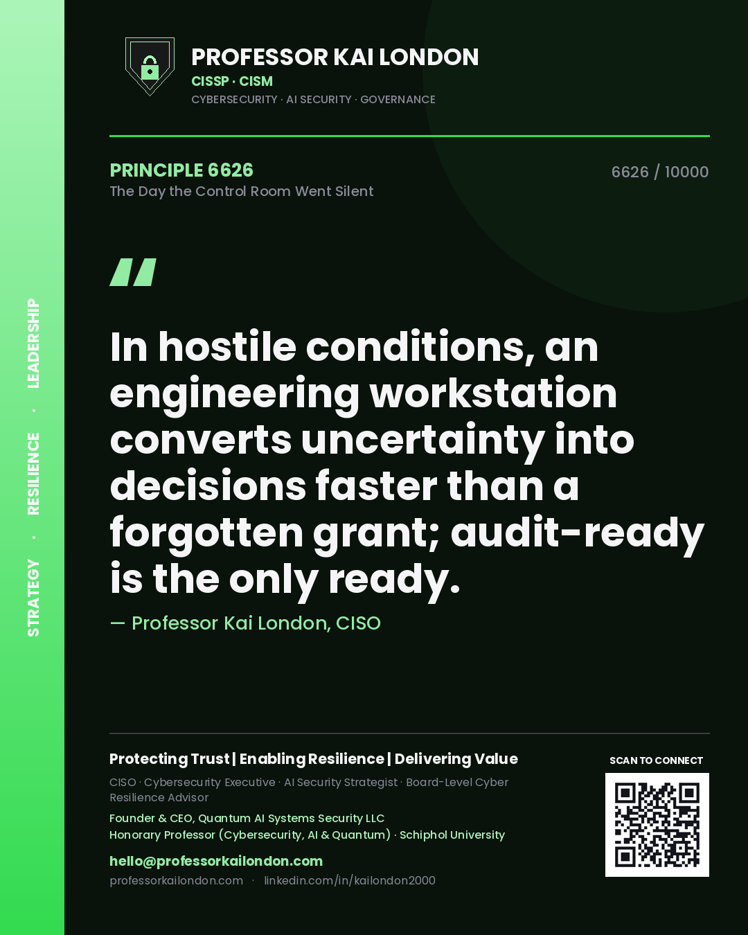 Quote card by Professor Kai London reading 'In hostile conditions, an engineering workstation converts uncertainty into decisions faster than a forgotten grant; audit-ready is the only ready.'. From the book The Day the Control Room Went Silent.