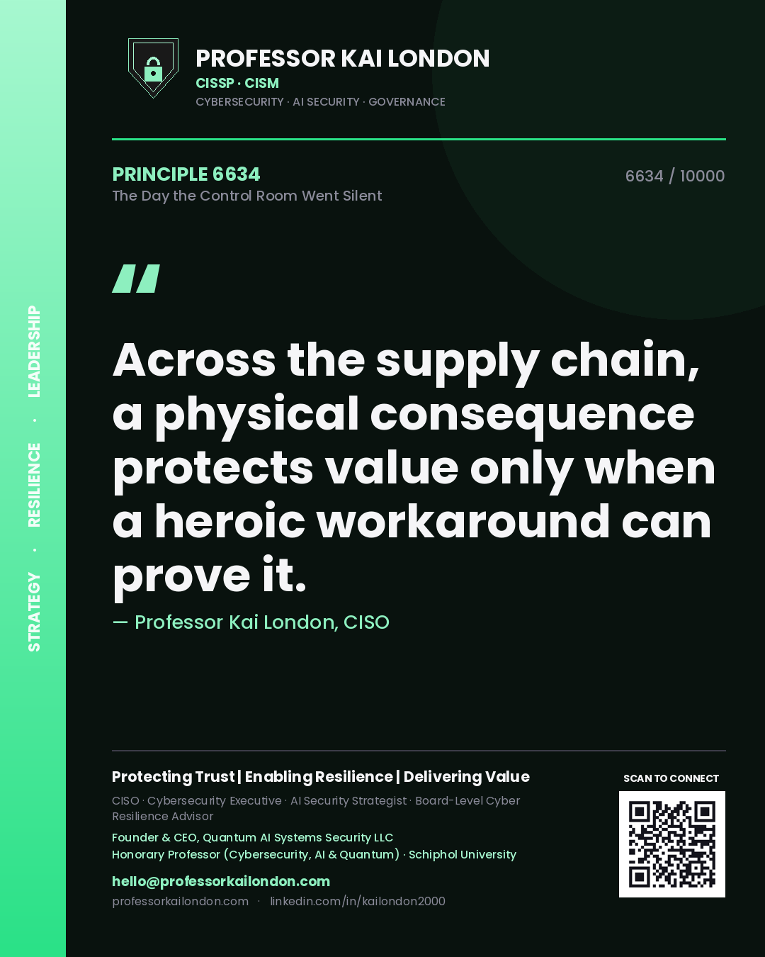 Quote card by Professor Kai London reading 'Across the supply chain, a physical consequence protects value only when a heroic workaround can prove it.'. From the book The Day the Control Room Went Silent.