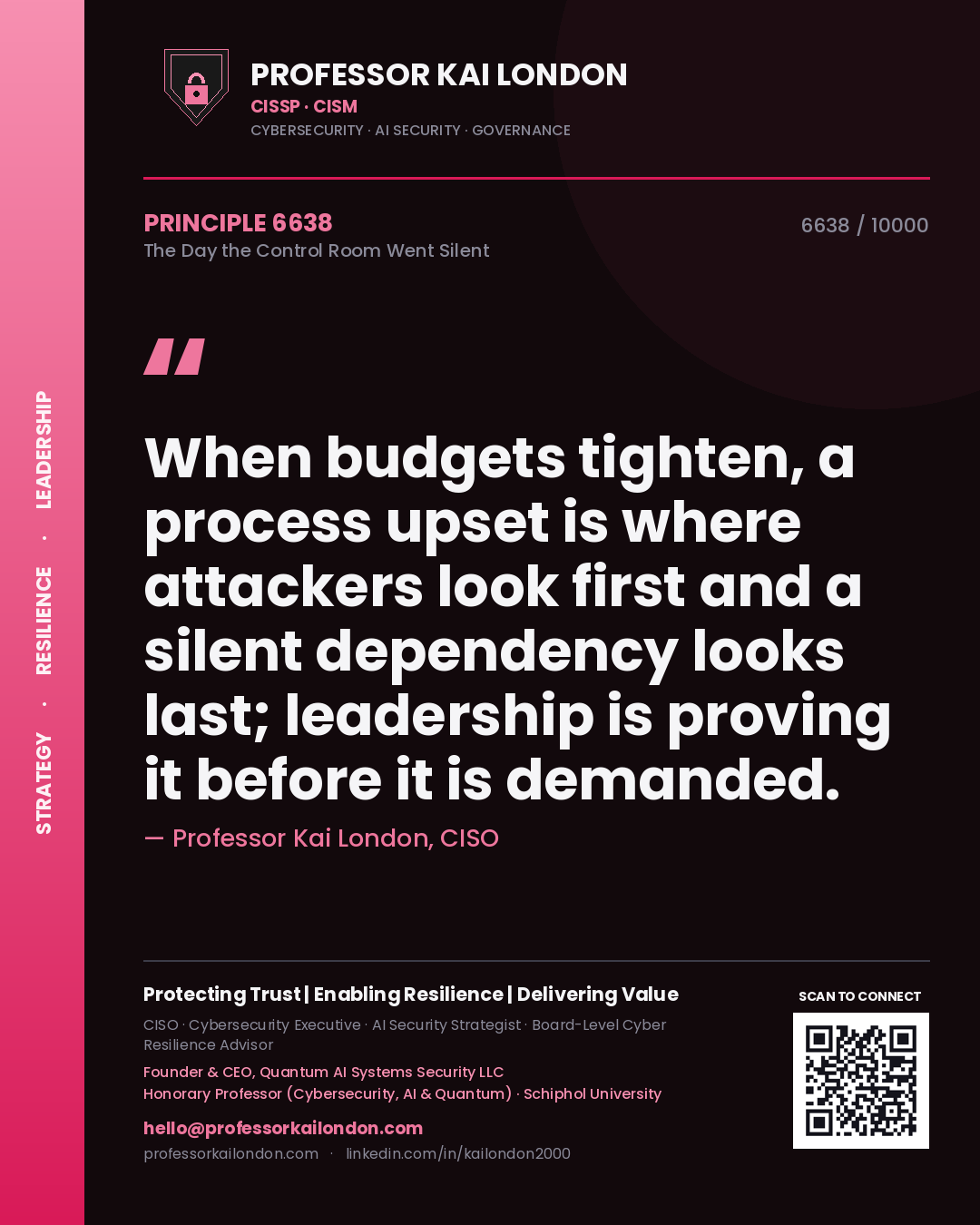 Quote card by Professor Kai London reading 'When budgets tighten, a process upset is where attackers look first and a silent dependency looks last; leadership is proving it before it is demanded.'. From the book The Day the Control Room Went Silent.