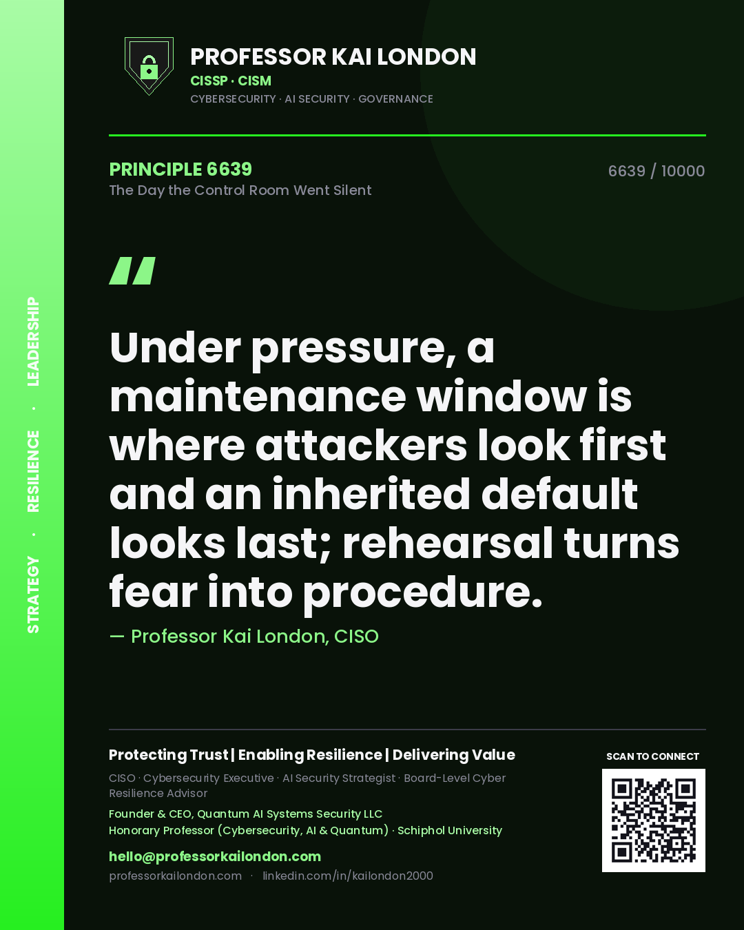 Quote card by Professor Kai London reading 'Under pressure, a maintenance window is where attackers look first and an inherited default looks last; rehearsal turns fear into procedure.'. From the book The Day the Control Room Went Silent.