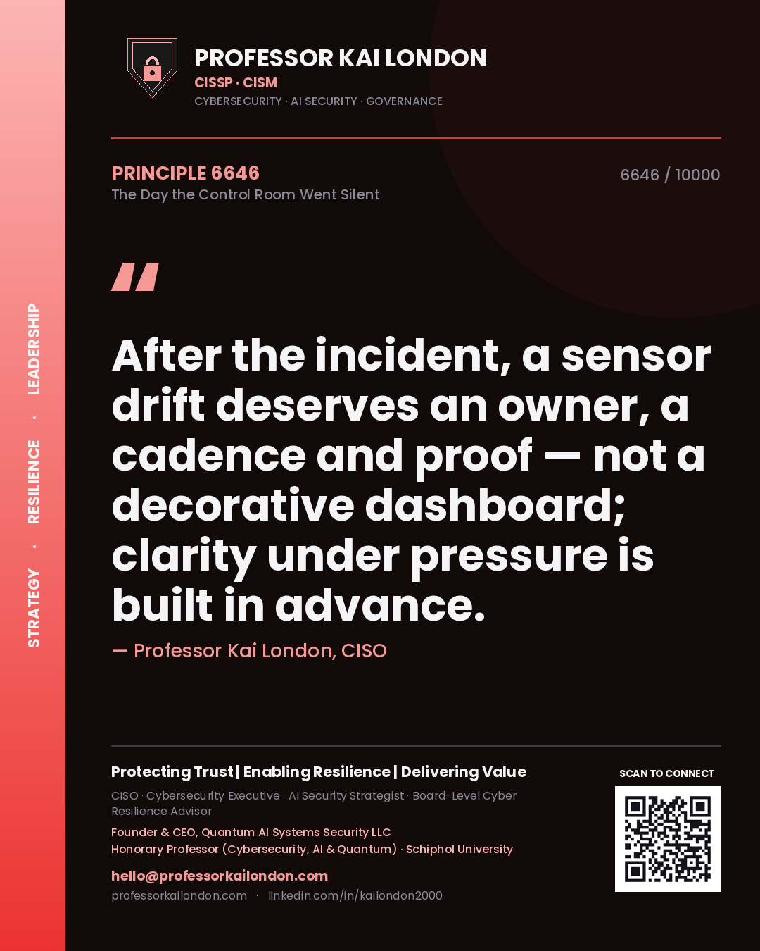 Quote card by Professor Kai London reading 'After the incident, a sensor drift deserves an owner, a cadence and proof — not a decorative dashboard; clarity under pressure is built in advance.'. From the book The Day the Control Room Went Silent.