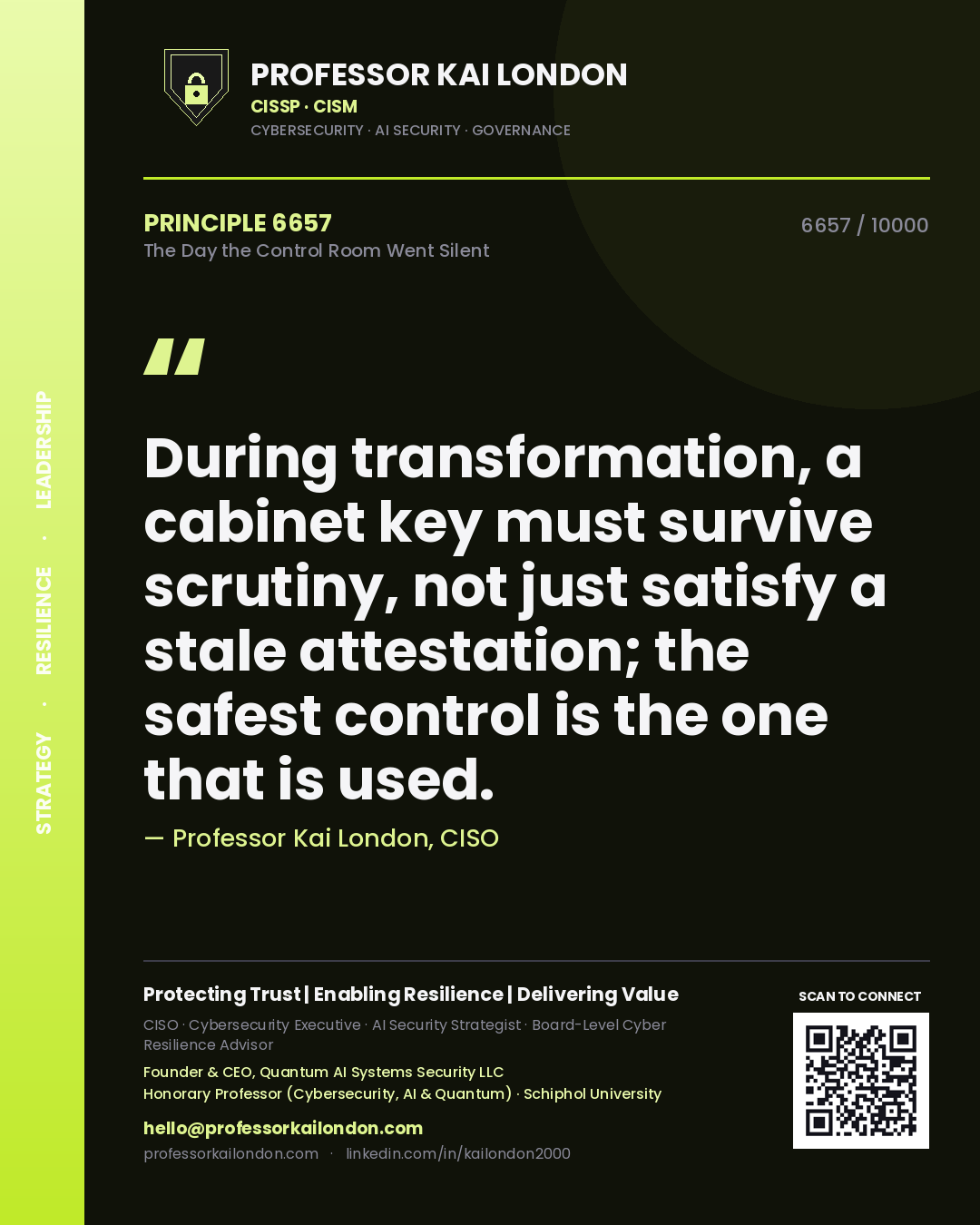 Quote card by Professor Kai London reading 'During transformation, a cabinet key must survive scrutiny, not just satisfy a stale attestation; the safest control is the one that is used.'. From the book The Day the Control Room Went Silent.