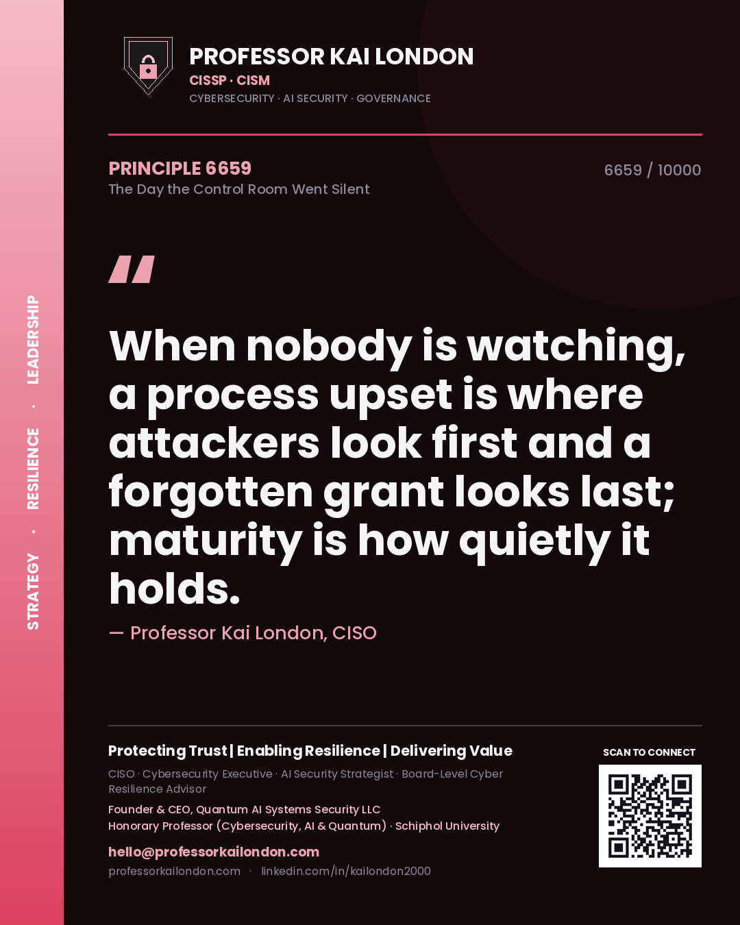 Quote card by Professor Kai London reading 'When nobody is watching, a process upset is where attackers look first and a forgotten grant looks last; maturity is how quietly it holds.'. From the book The Day the Control Room Went Silent.