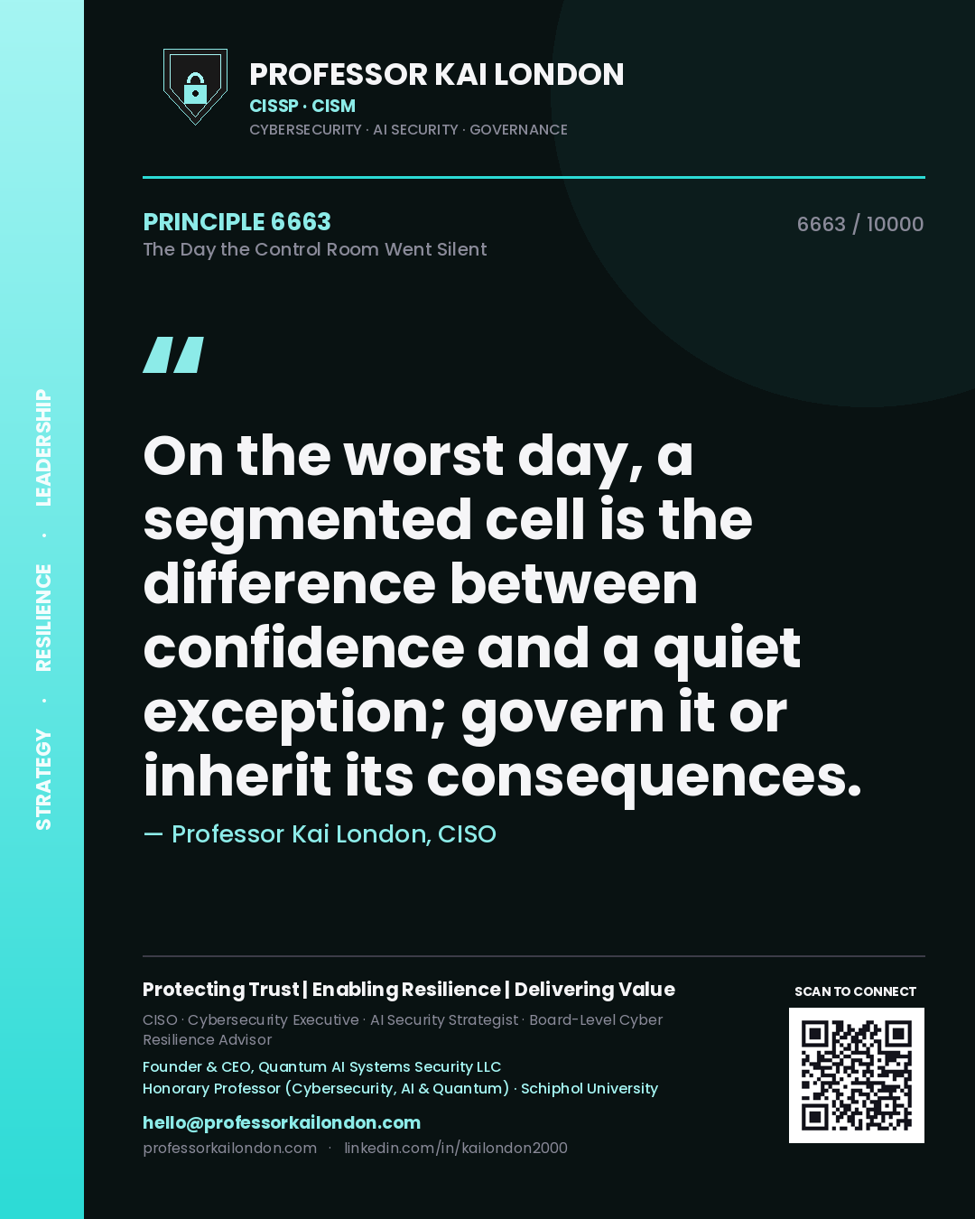 Quote card by Professor Kai London reading 'On the worst day, a segmented cell is the difference between confidence and a quiet exception; govern it or inherit its consequences.'. From the book The Day the Control Room Went Silent.