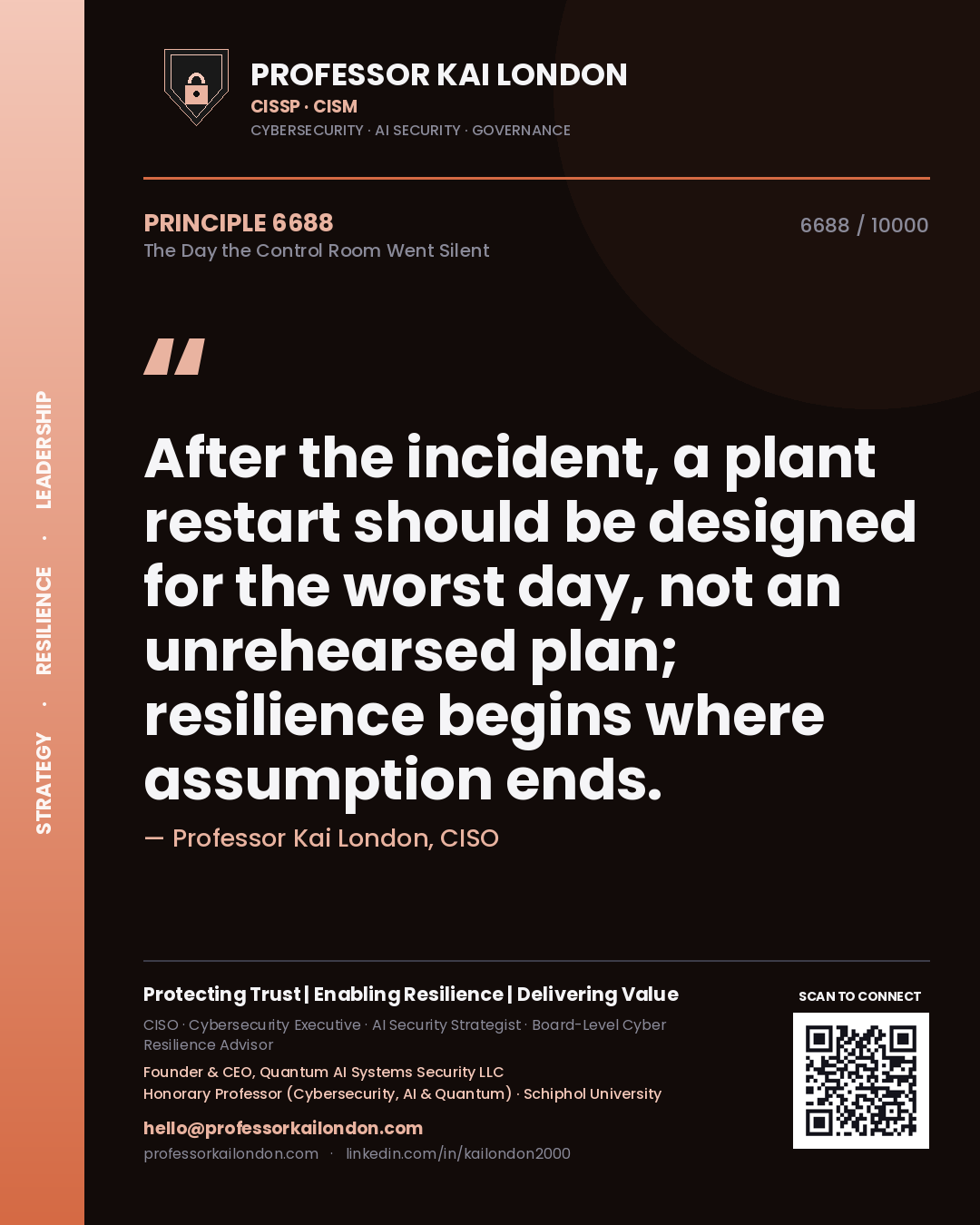 Quote card by Professor Kai London reading 'After the incident, a plant restart should be designed for the worst day, not an unrehearsed plan; resilience begins where assumption ends.'. From the book The Day the Control Room Went Silent.