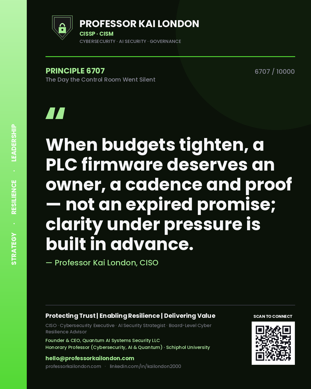 Professor Kai London principle 6707: When budgets tighten, a PLC firmware deserves an owner, a cadence and proof — not an expired promise; clarity under pressure is built in advance.