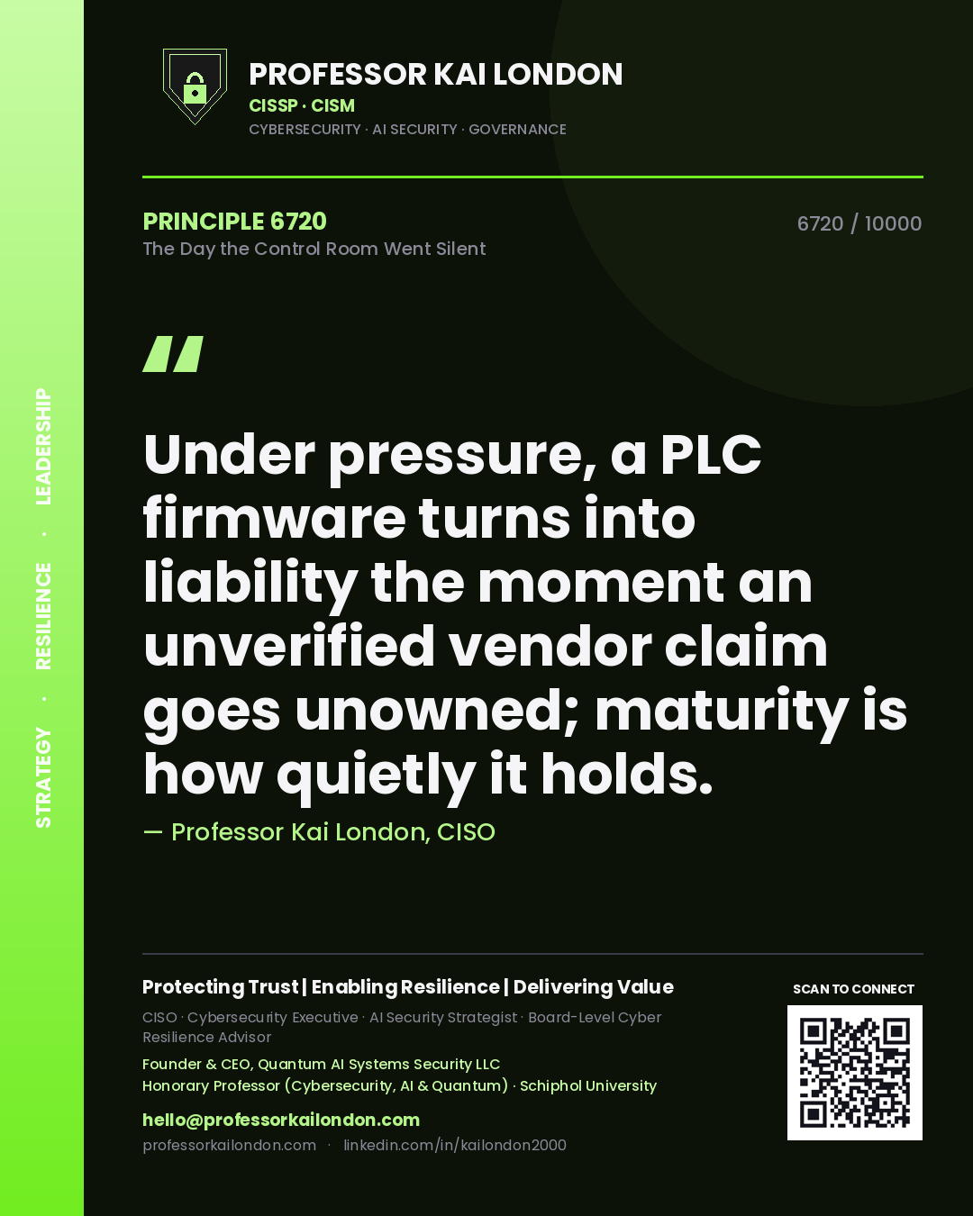 Quote card by Professor Kai London reading 'Under pressure, a PLC firmware turns into liability the moment an unverified vendor claim goes unowned; maturity is how quietly it holds.'. From the book The Day the Control Room Went Silent.