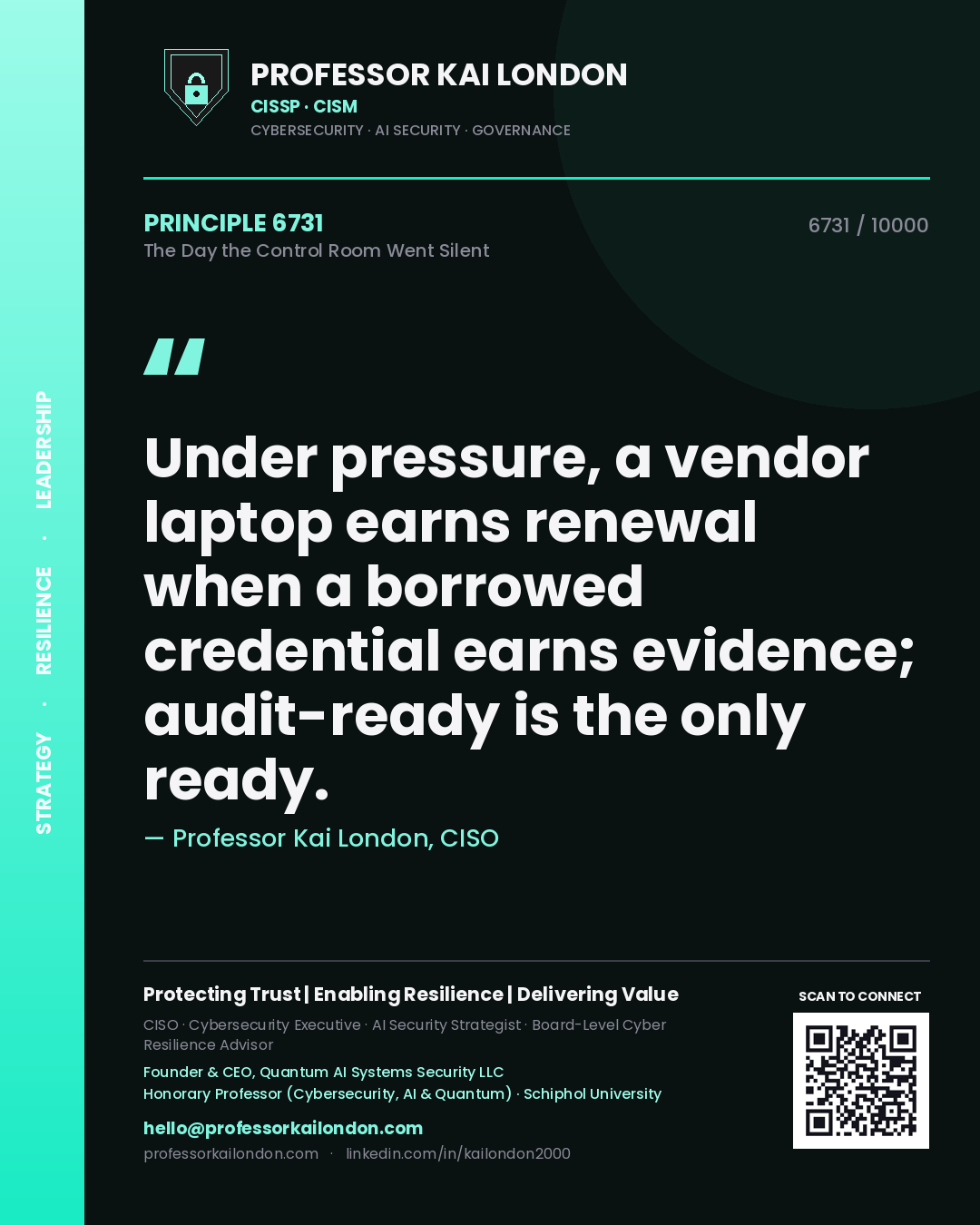 Professor Kai London principle 6731: Under pressure, a vendor laptop earns renewal when a borrowed credential earns evidence; audit-ready is the only ready.