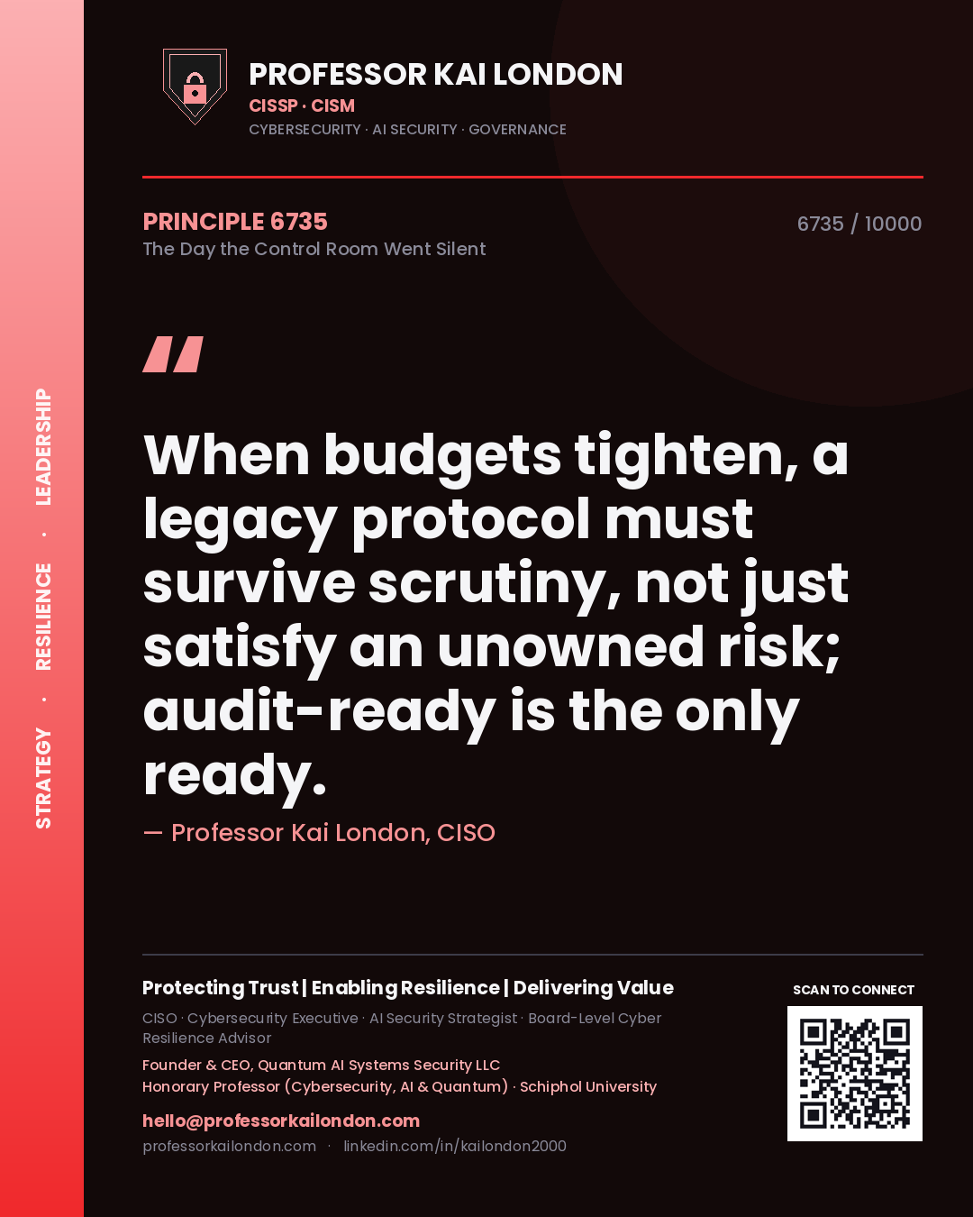 Professor Kai London principle 6735: When budgets tighten, a legacy protocol must survive scrutiny, not just satisfy an unowned risk; audit-ready is the only ready.