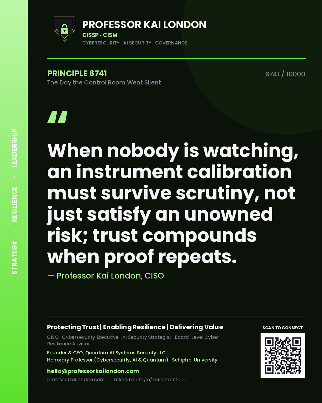 Professor Kai London principle 6741: When nobody is watching, an instrument calibration must survive scrutiny, not just satisfy an unowned risk; trust compounds when proof repeats.