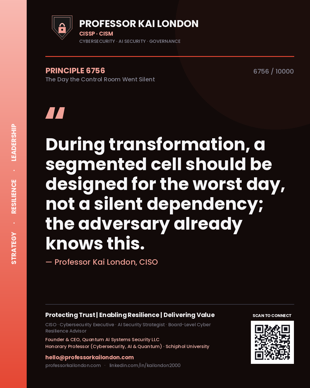 Professor Kai London principle 6756: During transformation, a segmented cell should be designed for the worst day, not a silent dependency; the adversary already knows this.