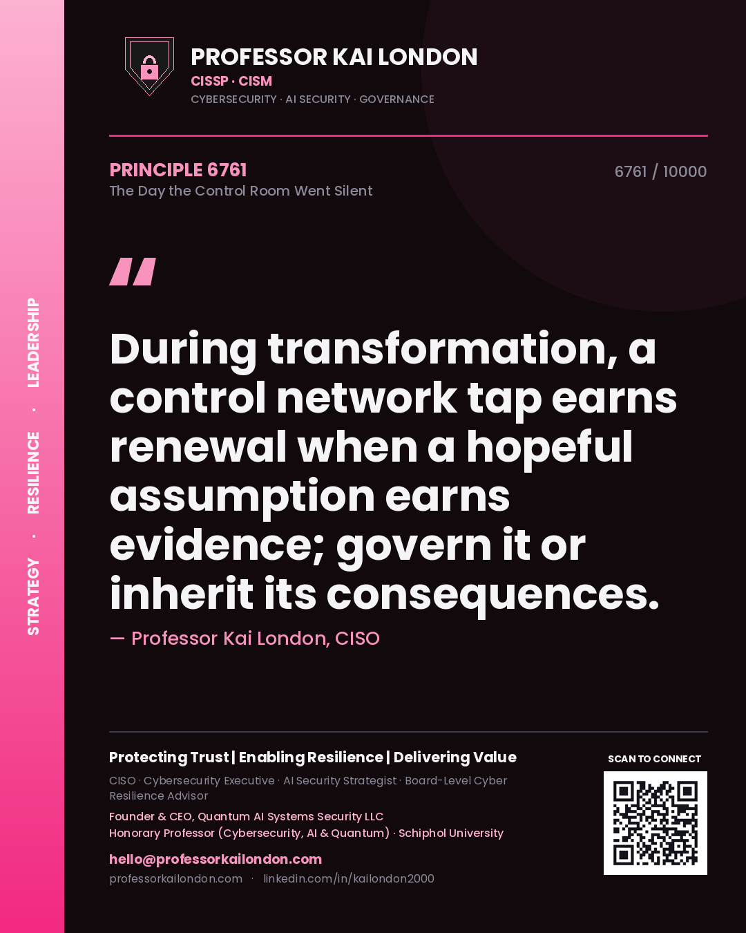Quote card by Professor Kai London reading 'During transformation, a control network tap earns renewal when a hopeful assumption earns evidence; govern it or inherit its consequences.'. From the book The Day the Control Room Went Silent.