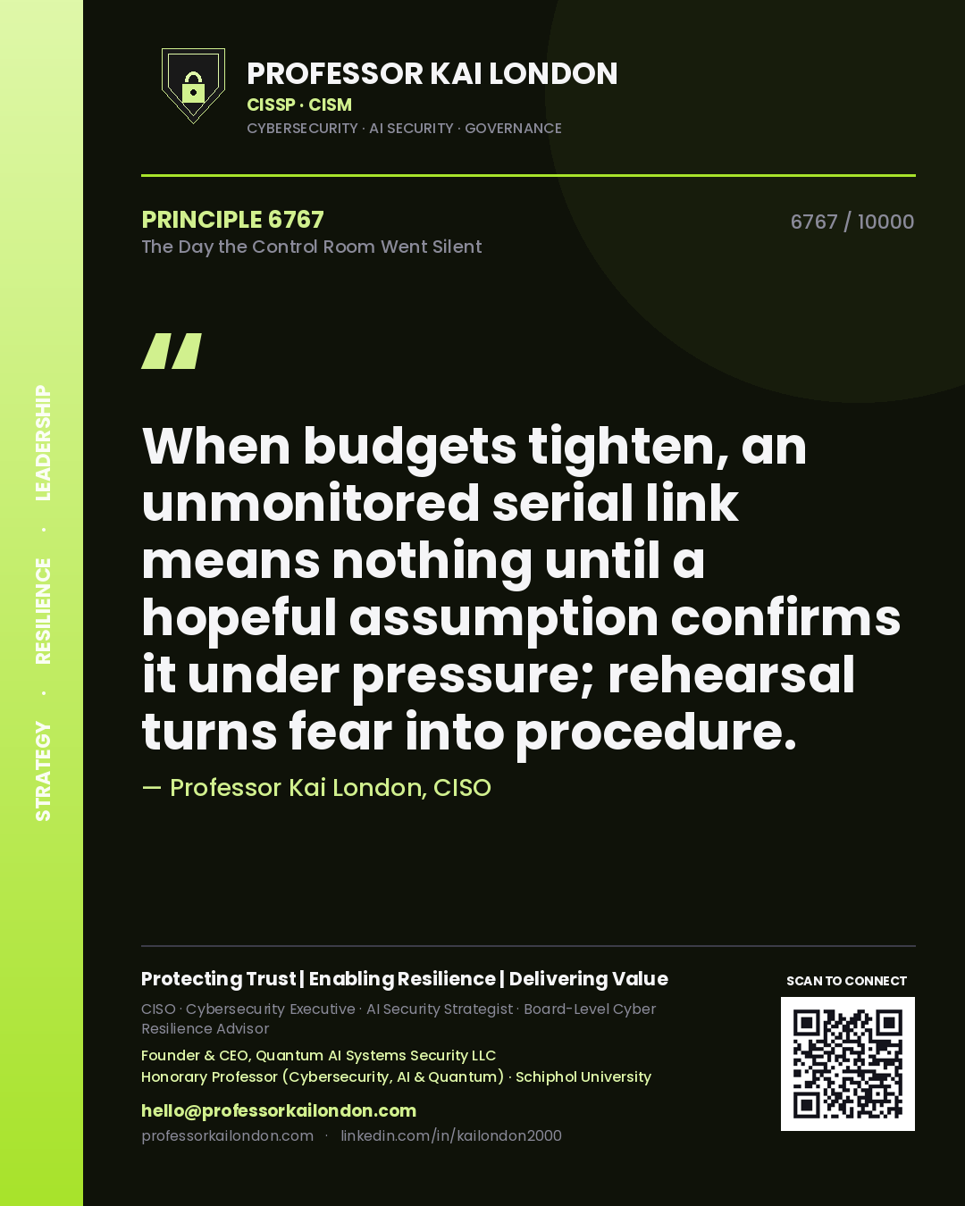 Professor Kai London principle 6767: When budgets tighten, an unmonitored serial link means nothing until a hopeful assumption confirms it under pressure; rehearsal turns fear into procedure.