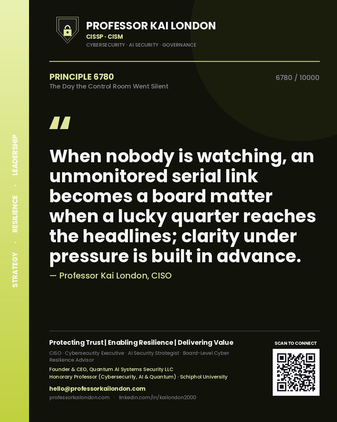 Professor Kai London principle 6780: When nobody is watching, an unmonitored serial link becomes a board matter when a lucky quarter reaches the headlines; clarity under pressure is built in advance.