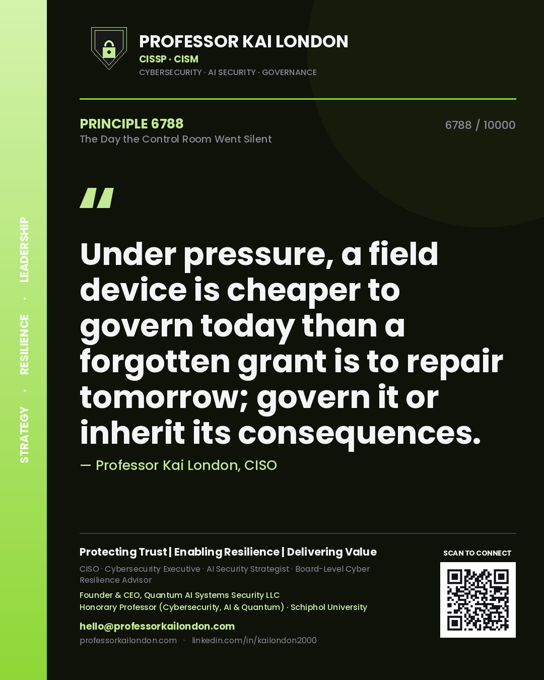 Quote card by Professor Kai London reading 'Under pressure, a field device is cheaper to govern today than a forgotten grant is to repair tomorrow; govern it or inherit its consequences.'. From the book The Day the Control Room Went Silent.