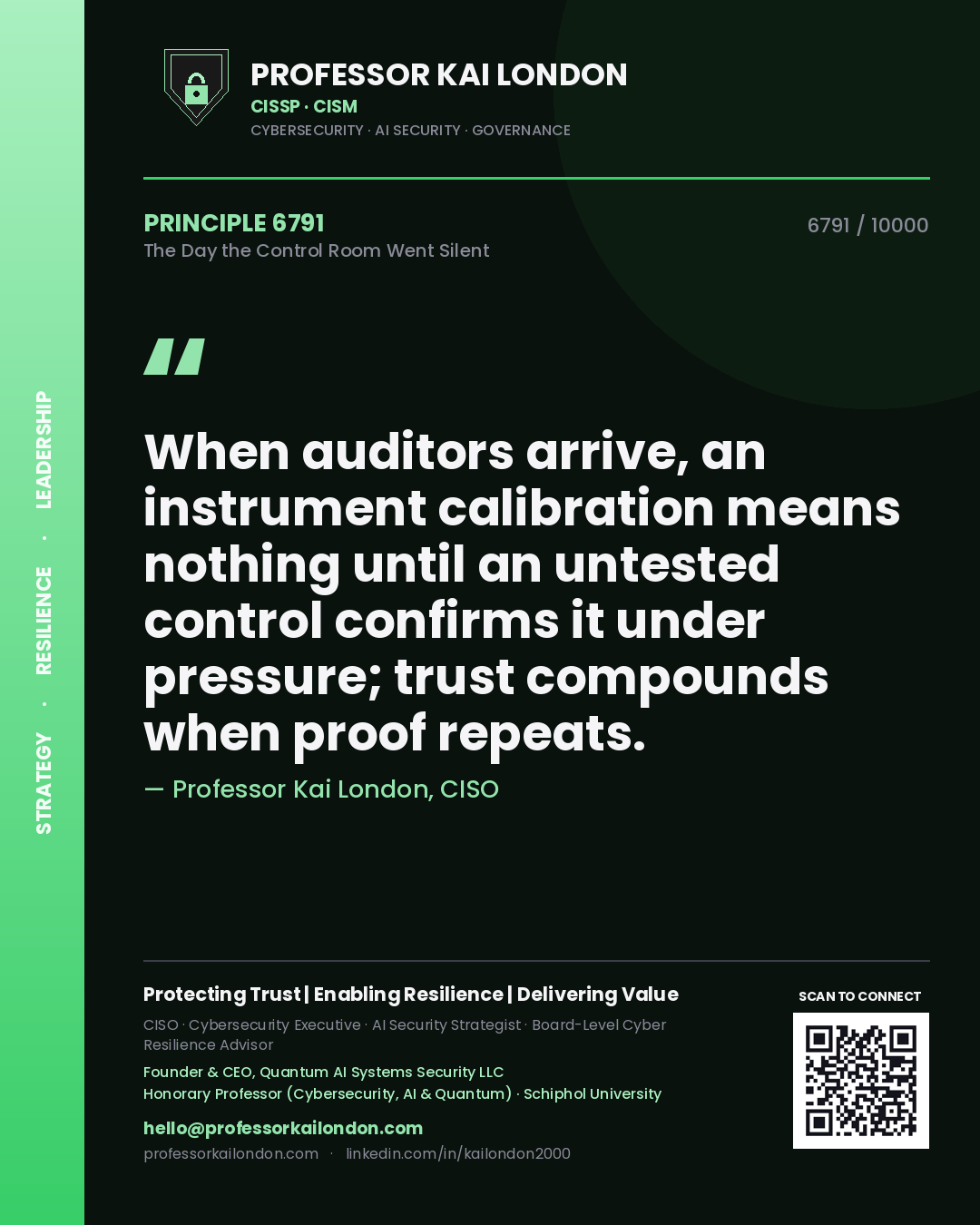 Professor Kai London principle 6791: When auditors arrive, an instrument calibration means nothing until an untested control confirms it under pressure; trust compounds when proof repeats.
