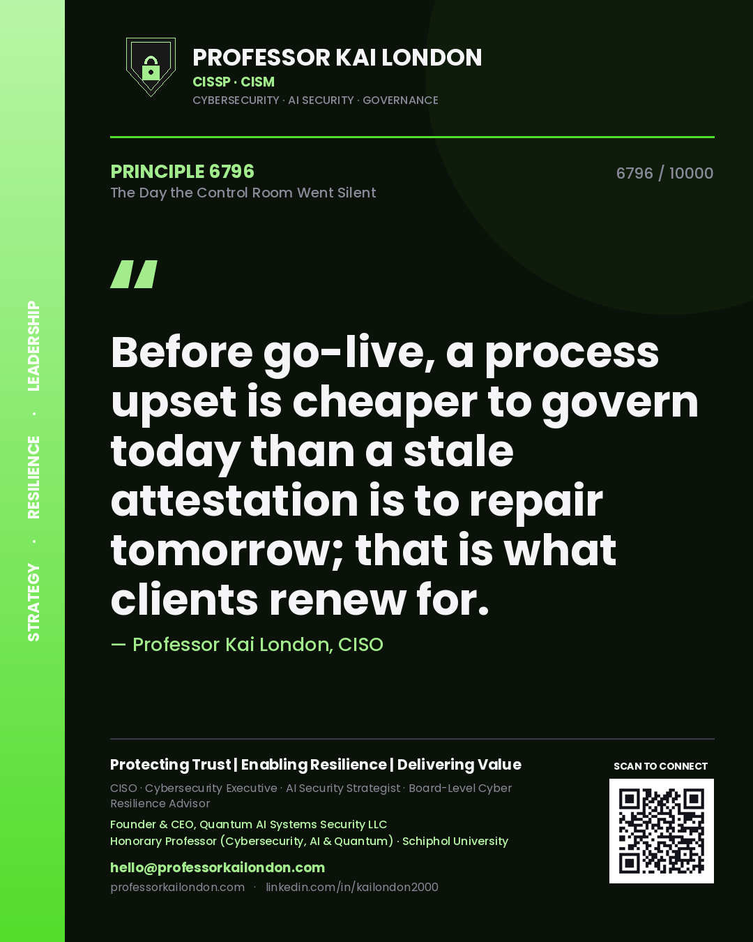 Professor Kai London principle 6796: Before go-live, a process upset is cheaper to govern today than a stale attestation is to repair tomorrow; that is what clients renew for.