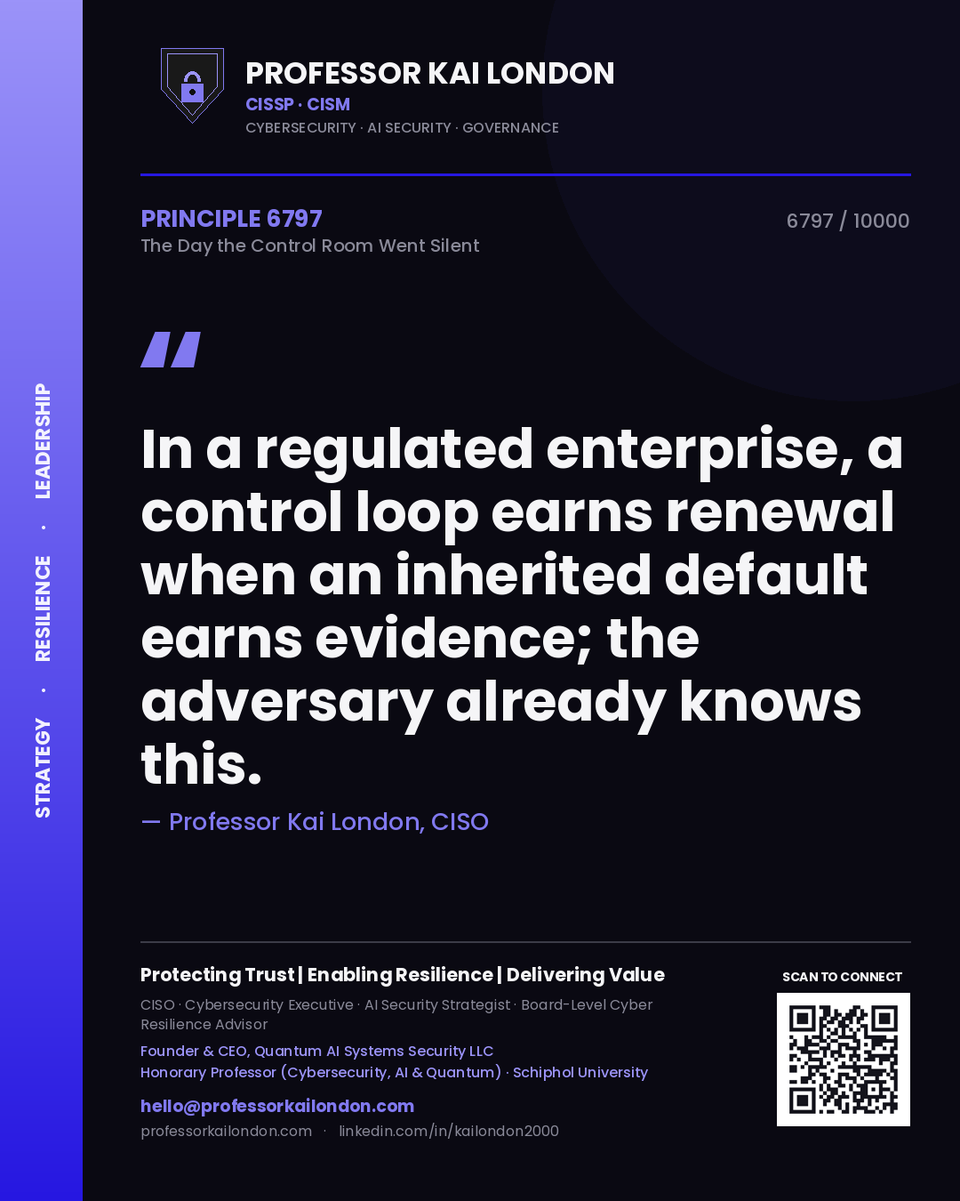 Professor Kai London principle 6797: In a regulated enterprise, a control loop earns renewal when an inherited default earns evidence; the adversary already knows this.