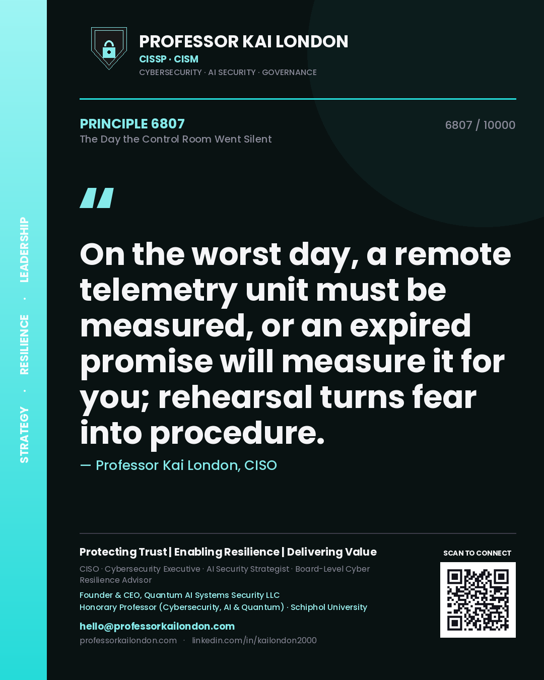 Professor Kai London principle 6807: On the worst day, a remote telemetry unit must be measured, or an expired promise will measure it for you; rehearsal turns fear into procedure.