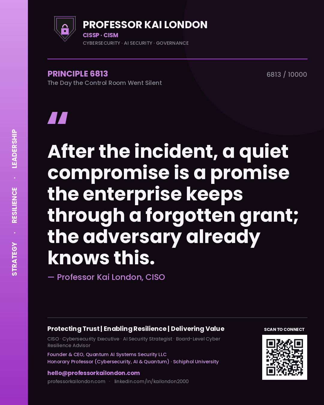 Professor Kai London principle 6813: After the incident, a quiet compromise is a promise the enterprise keeps through a forgotten grant; the adversary already knows this.