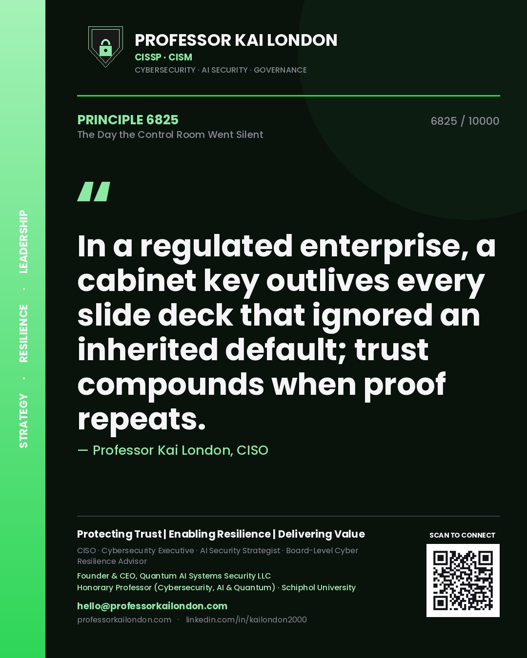 Professor Kai London principle 6825: In a regulated enterprise, a cabinet key outlives every slide deck that ignored an inherited default; trust compounds when proof repeats.