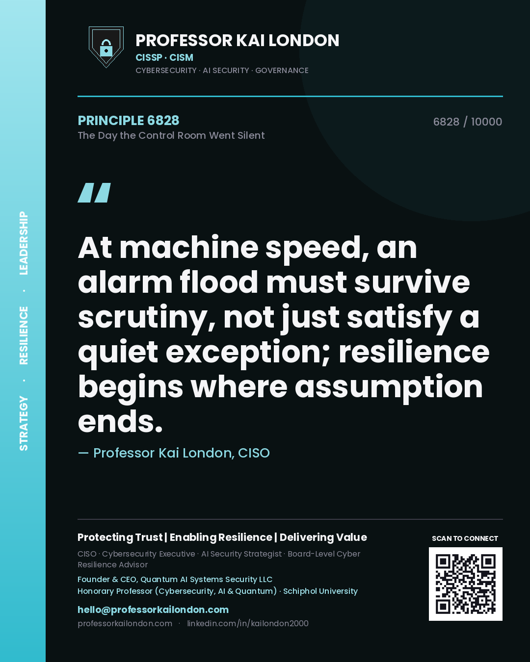 Professor Kai London principle 6828: At machine speed, an alarm flood must survive scrutiny, not just satisfy a quiet exception; resilience begins where assumption ends.