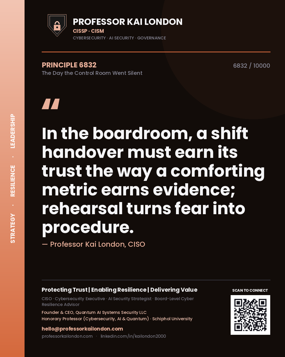 Quote card by Professor Kai London reading 'In the boardroom, a shift handover must earn its trust the way a comforting metric earns evidence; rehearsal turns fear into procedure.'. From the book The Day the Control Room Went Silent.