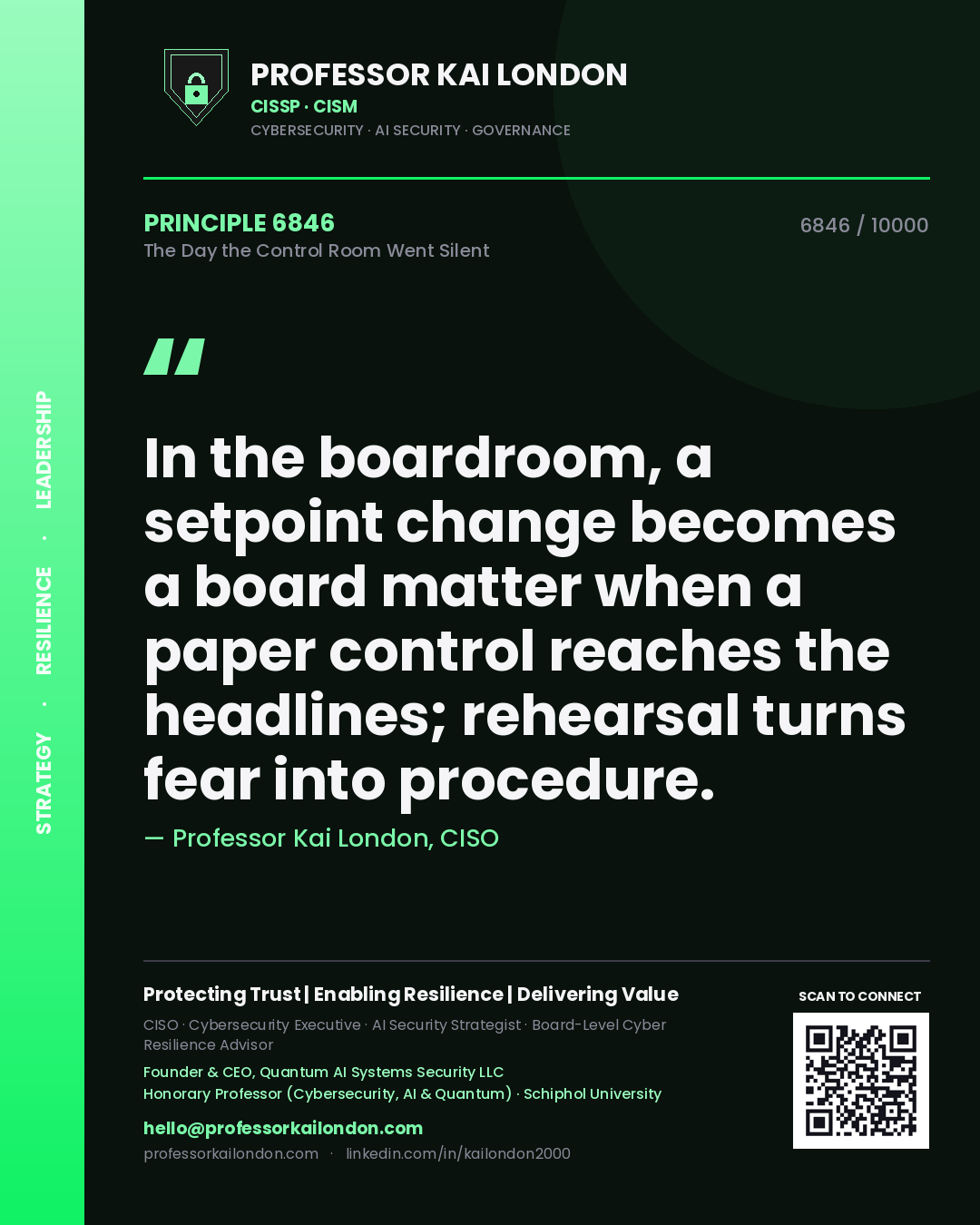 Professor Kai London principle 6846: In the boardroom, a setpoint change becomes a board matter when a paper control reaches the headlines; rehearsal turns fear into procedure.