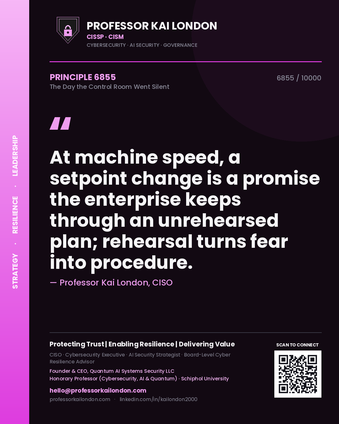 Quote card by Professor Kai London reading 'At machine speed, a setpoint change is a promise the enterprise keeps through an unrehearsed plan; rehearsal turns fear into procedure.'. From the book The Day the Control Room Went Silent.