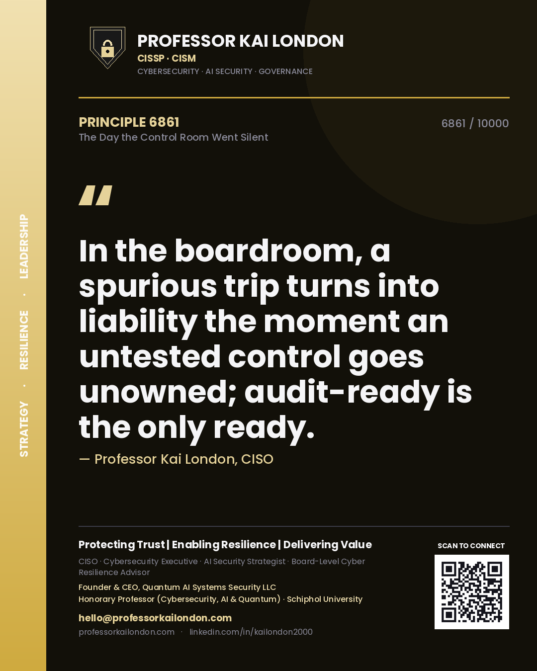 Quote card by Professor Kai London reading 'In the boardroom, a spurious trip turns into liability the moment an untested control goes unowned; audit-ready is the only ready.'. From the book The Day the Control Room Went Silent.