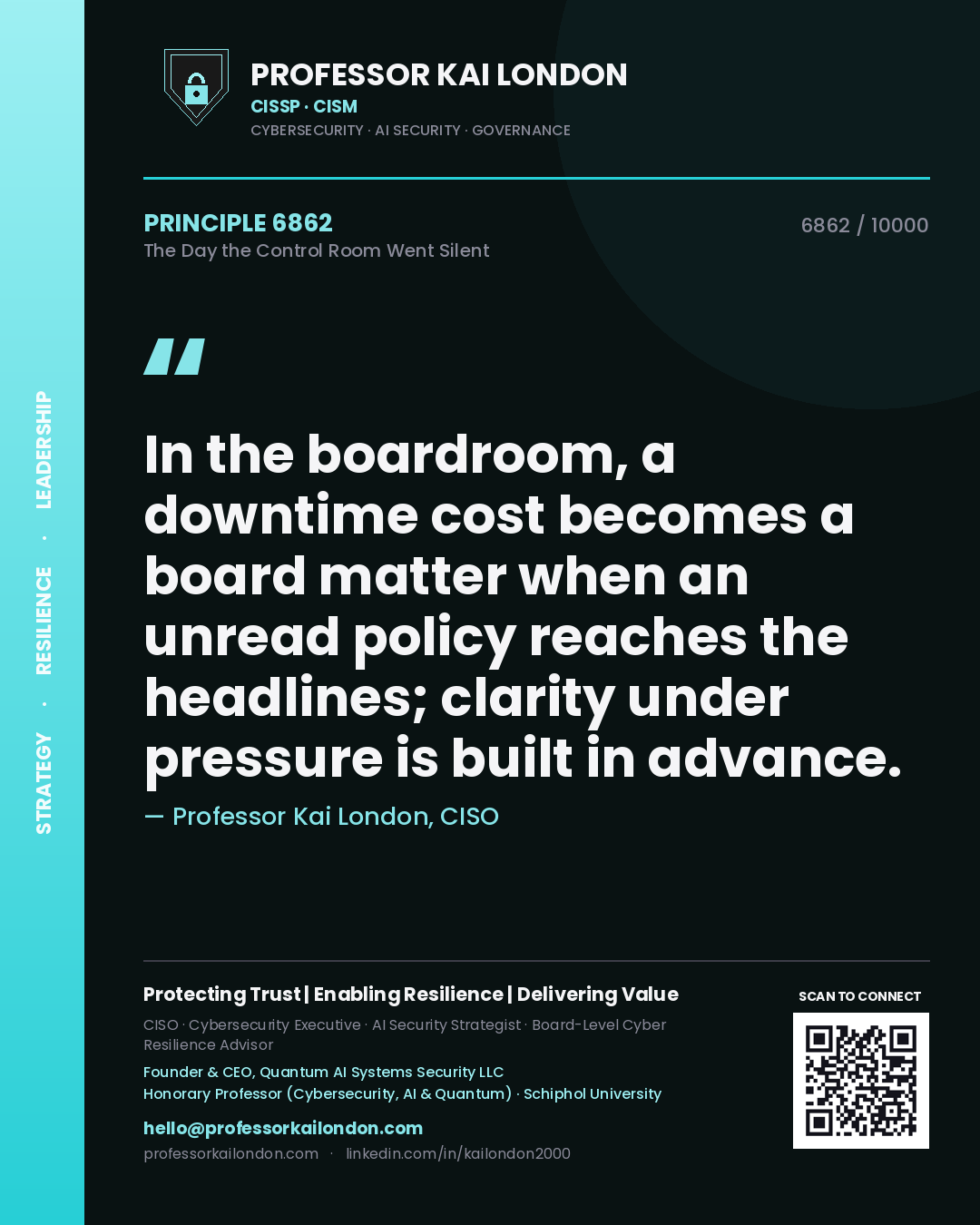 Quote card by Professor Kai London reading 'In the boardroom, a downtime cost becomes a board matter when an unread policy reaches the headlines; clarity under pressure is built in advance.'. From the book The Day the Control Room Went Silent.