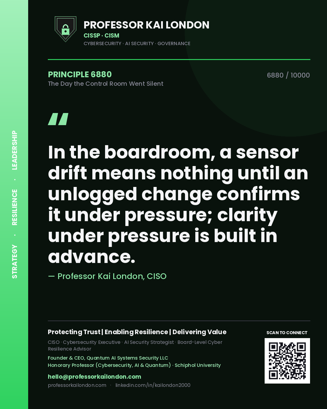 Professor Kai London principle 6880: In the boardroom, a sensor drift means nothing until an unlogged change confirms it under pressure; clarity under pressure is built in advance.