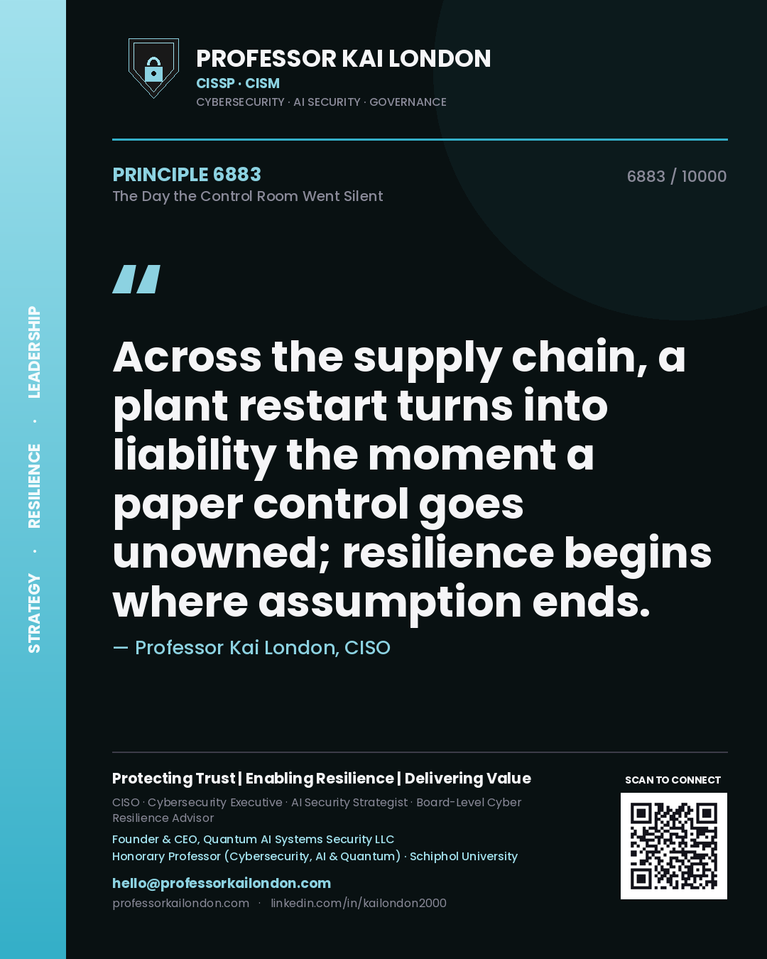 Quote card by Professor Kai London reading 'Across the supply chain, a plant restart turns into liability the moment a paper control goes unowned; resilience begins where assumption ends.'. From the book The Day the Control Room Went Silent.