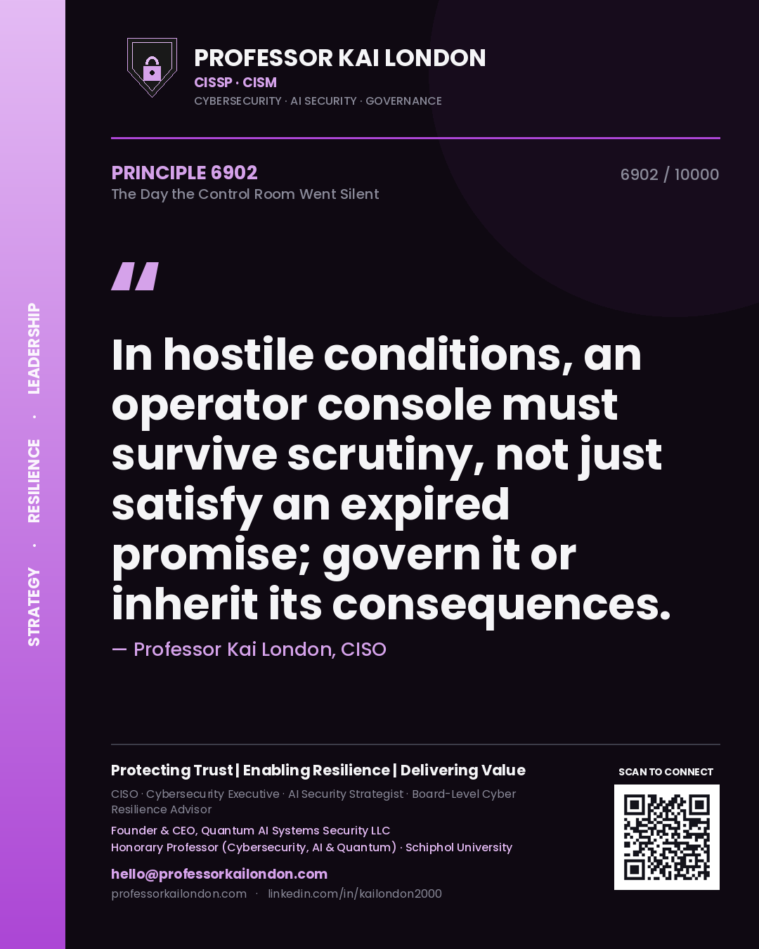 Professor Kai London principle 6902: In hostile conditions, an operator console must survive scrutiny, not just satisfy an expired promise; govern it or inherit its consequences.