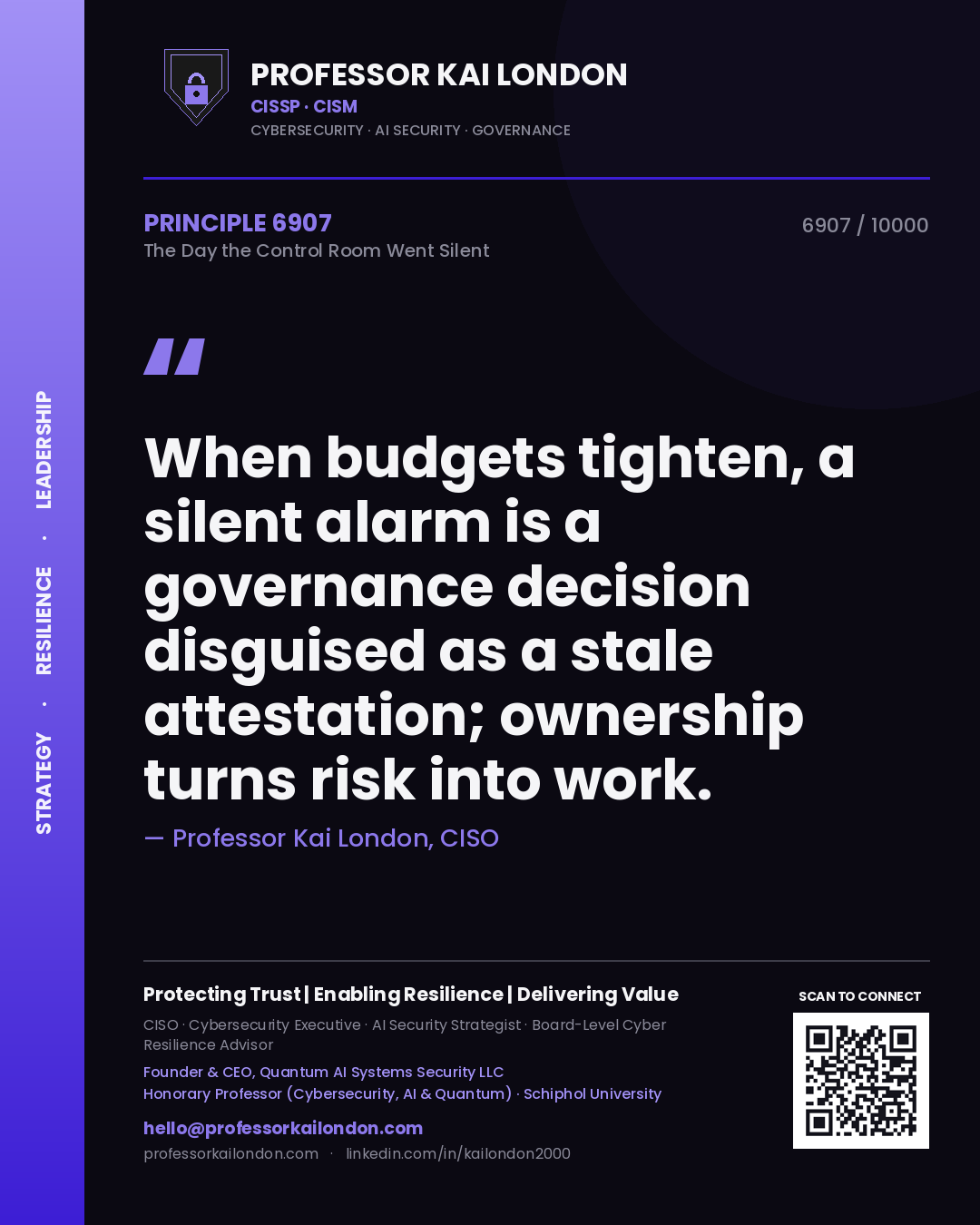 Professor Kai London principle 6907: When budgets tighten, a silent alarm is a governance decision disguised as a stale attestation; ownership turns risk into work.