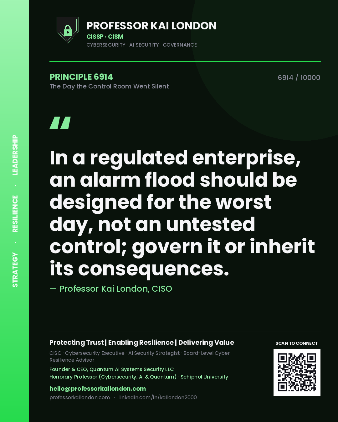 Professor Kai London principle 6914: In a regulated enterprise, an alarm flood should be designed for the worst day, not an untested control; govern it or inherit its consequences.