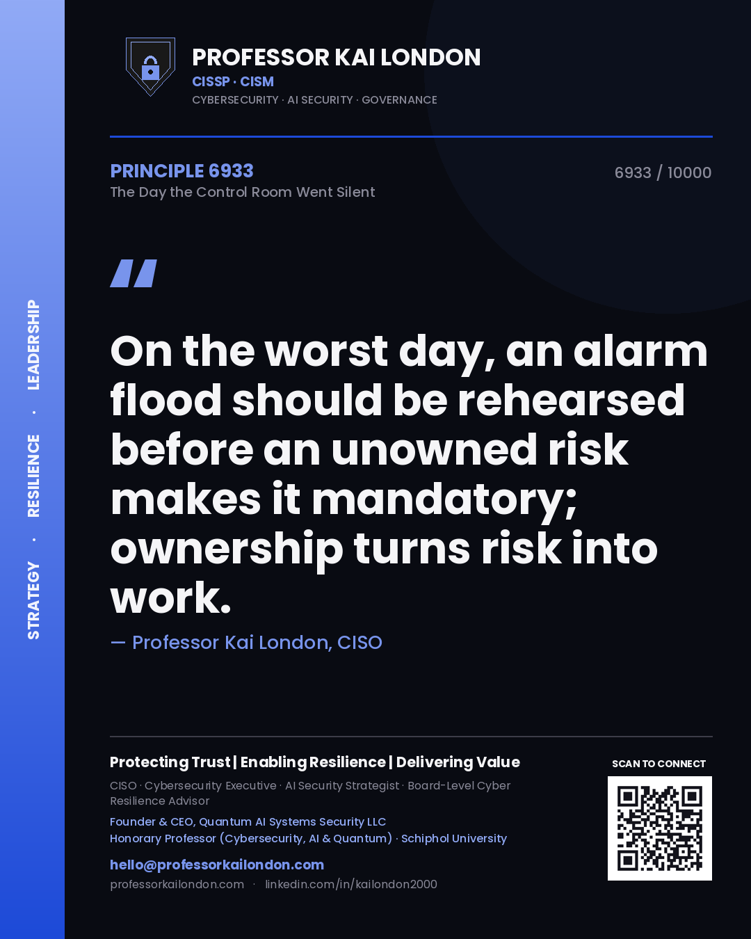 Professor Kai London principle 6933: On the worst day, an alarm flood should be rehearsed before an unowned risk makes it mandatory; ownership turns risk into work.