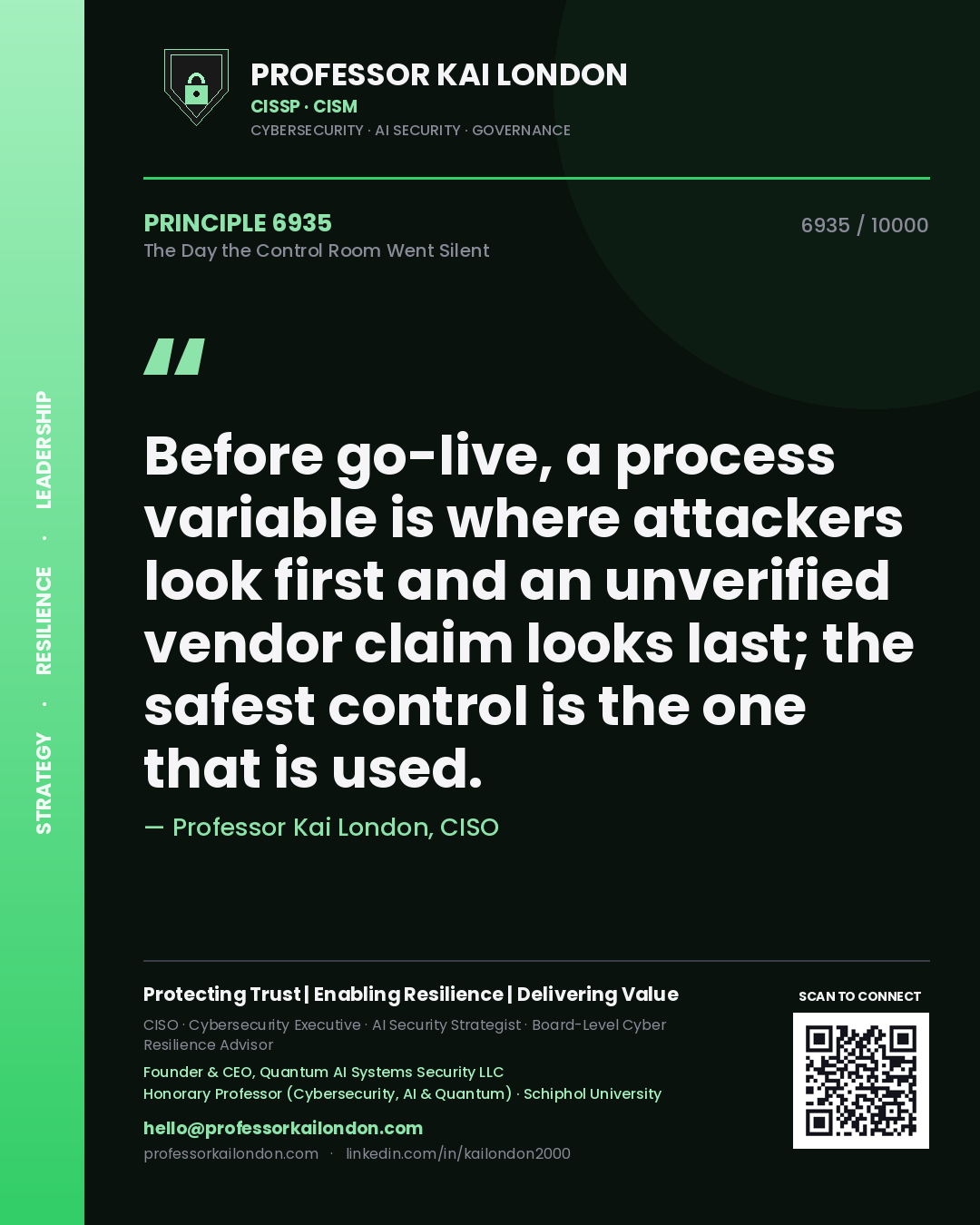 Professor Kai London principle 6935: Before go-live, a process variable is where attackers look first and an unverified vendor claim looks last; the safest control is the one that is used.