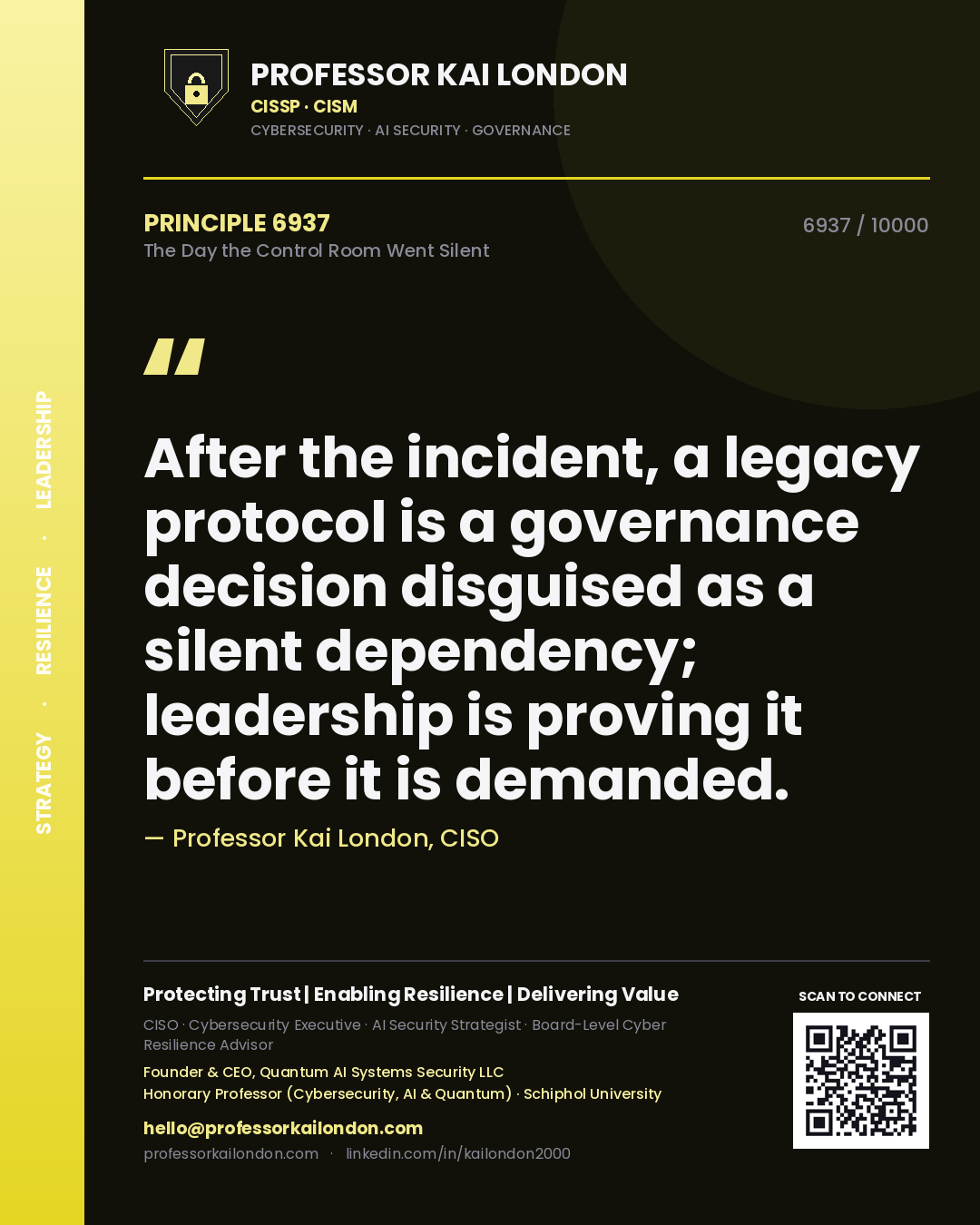 Quote card by Professor Kai London reading 'After the incident, a legacy protocol is a governance decision disguised as a silent dependency; leadership is proving it before it is demanded.'. From the book The Day the Control Room Went Silent.
