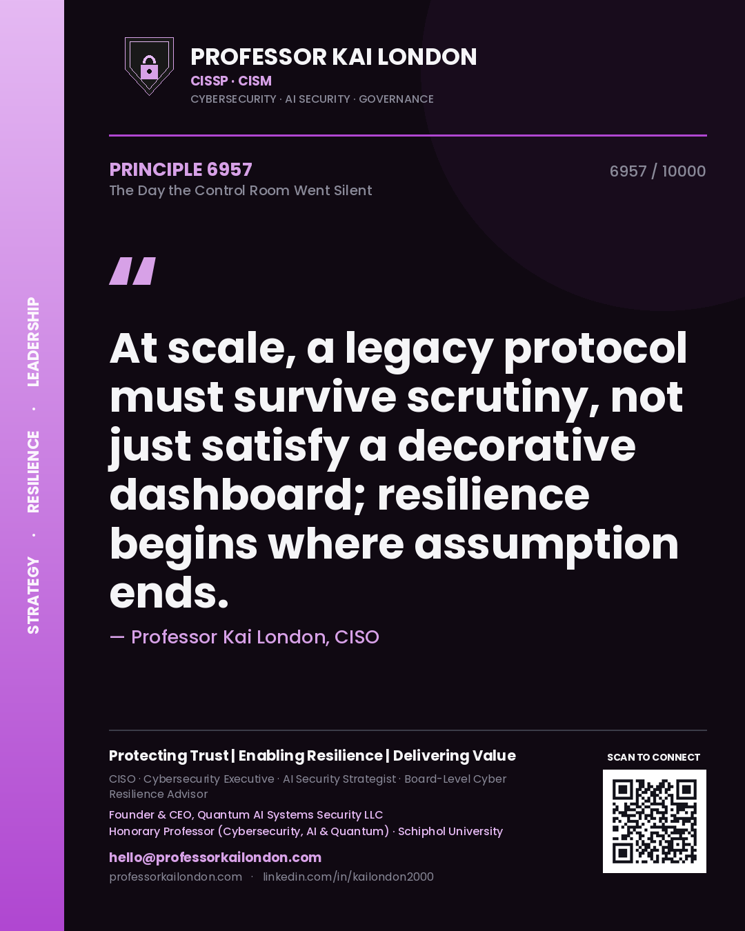 Professor Kai London principle 6957: At scale, a legacy protocol must survive scrutiny, not just satisfy a decorative dashboard; resilience begins where assumption ends.