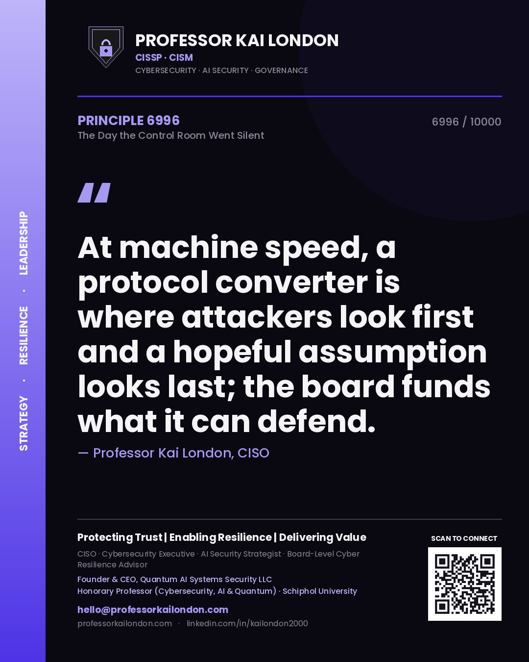 Professor Kai London principle 6996: At machine speed, a protocol converter is where attackers look first and a hopeful assumption looks last; the board funds what it can defend.