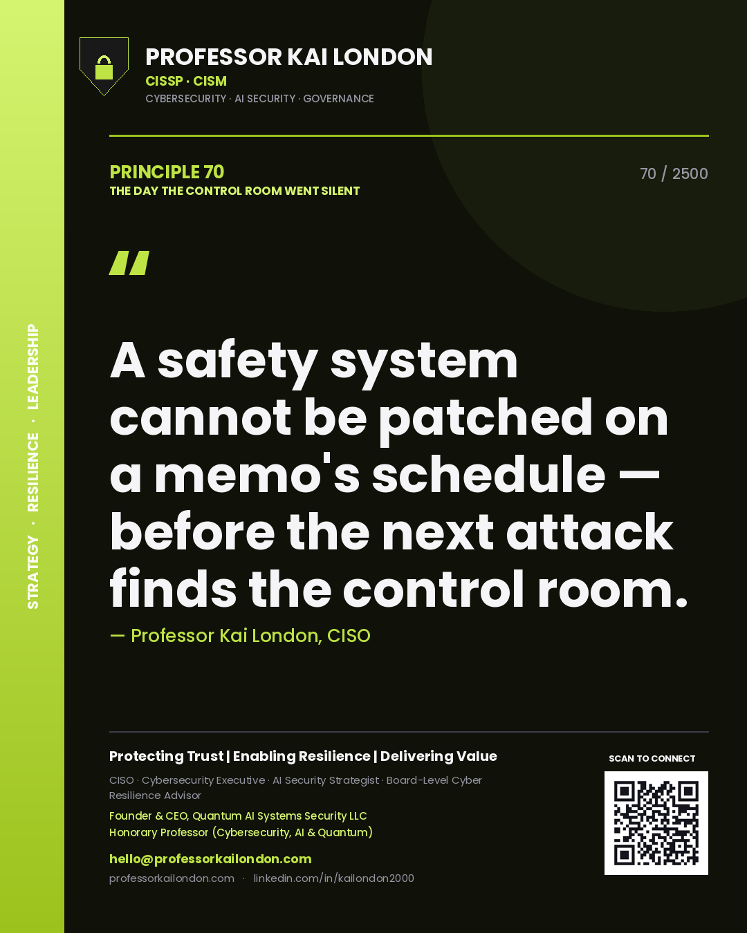 Quote card by Professor Kai London reading 'A safety system cannot be patched on a memo's schedule — before the next attack finds the control room.'. From the book The Day the Control Room Went Silent.